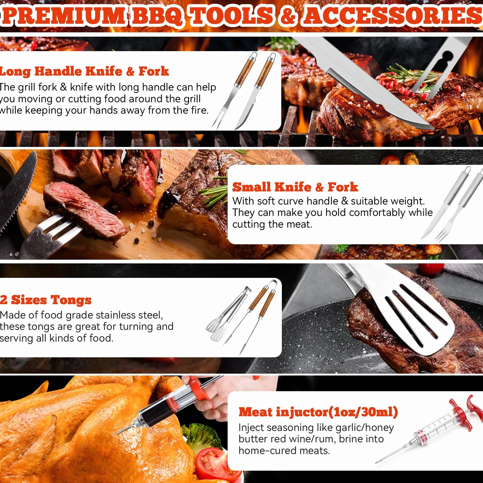 Kit Barbecue 34 Pièces, Ustensiles en Acier Inoxydable, avec Sac de Rangement et Tapis de Cuisson