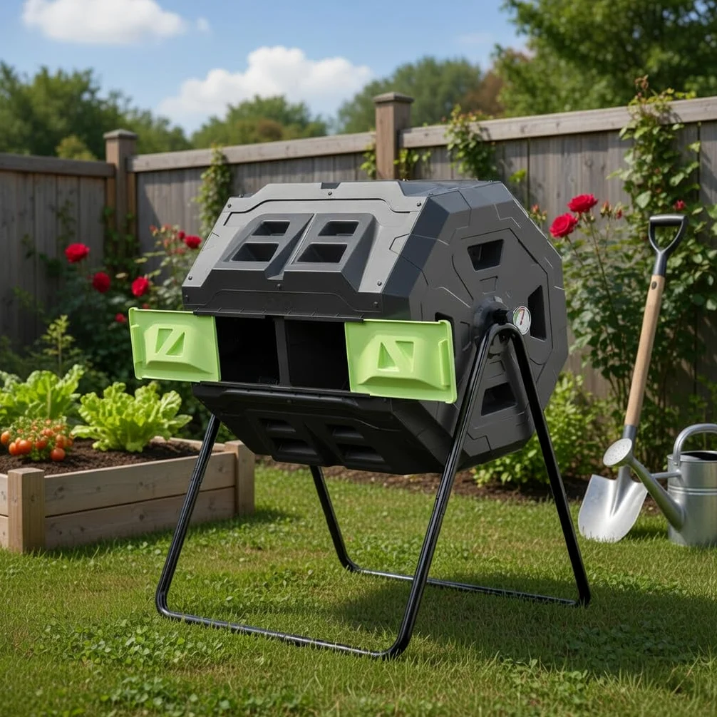 Composteur amélioré de 160 l avec thermomètre à compost – Bac à compost de jardin à double chambre (vert)