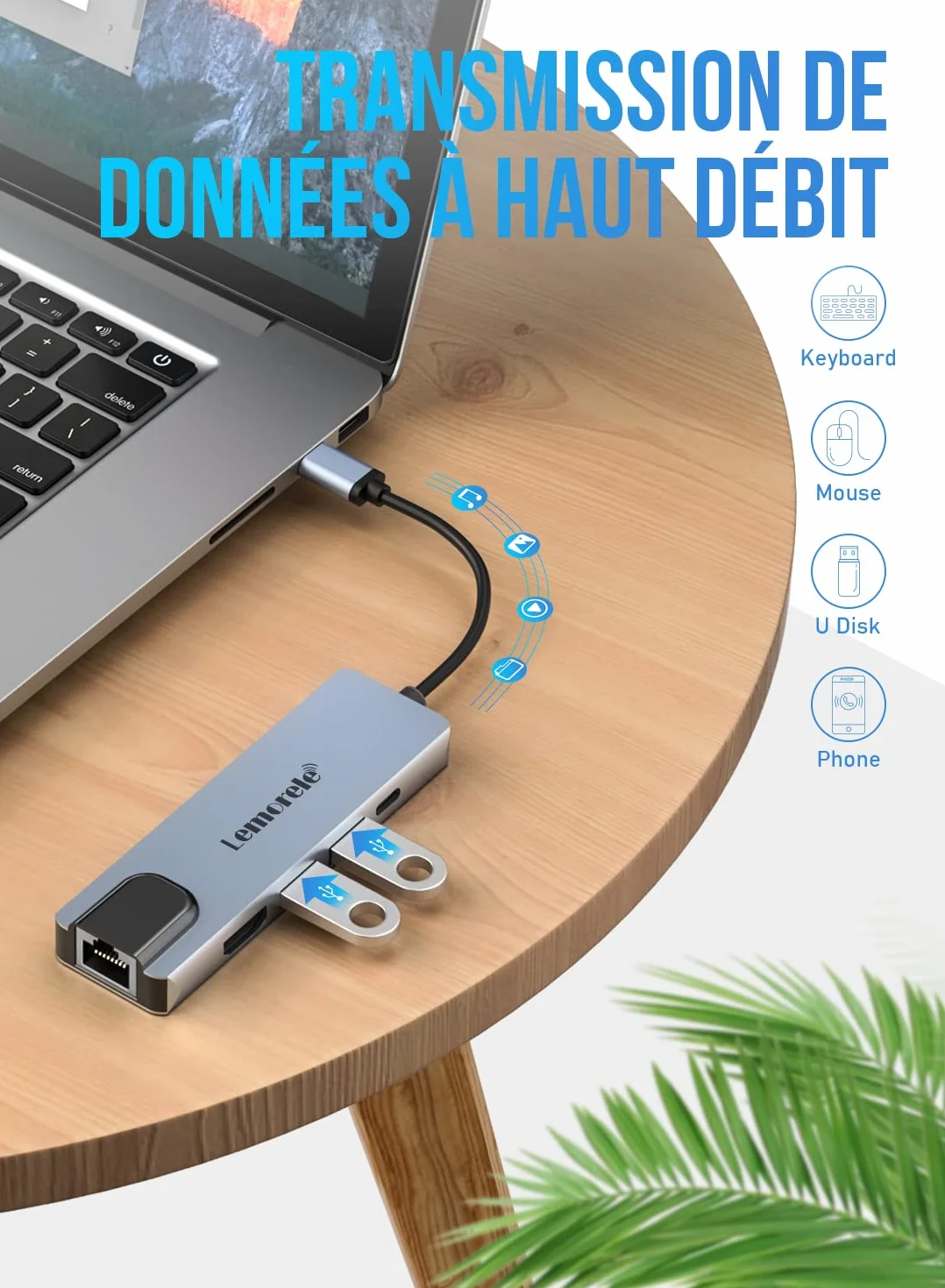 Lemorele Hub USB C 5-en-1 Adaptateur Multiport Ethernet RJ45 4K HDMI 2 USB 3.0 PD 100W