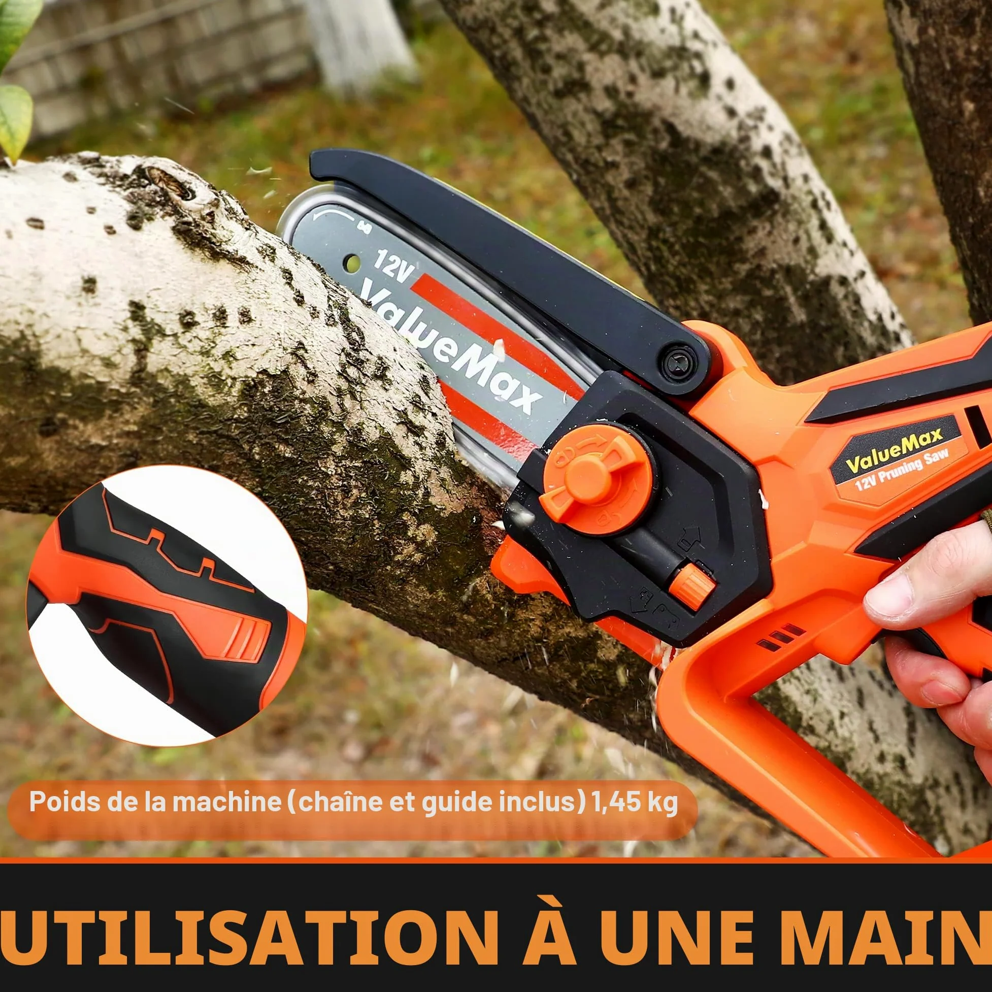 ValueMax Mini Tronconneuse a Batterie 4 Pouces | 12V Tronçonneuse Électrique Sans Fil Portable et 2 * 2000mAh Batteries pour les Branches d'arbres, l'élagage le Jardin