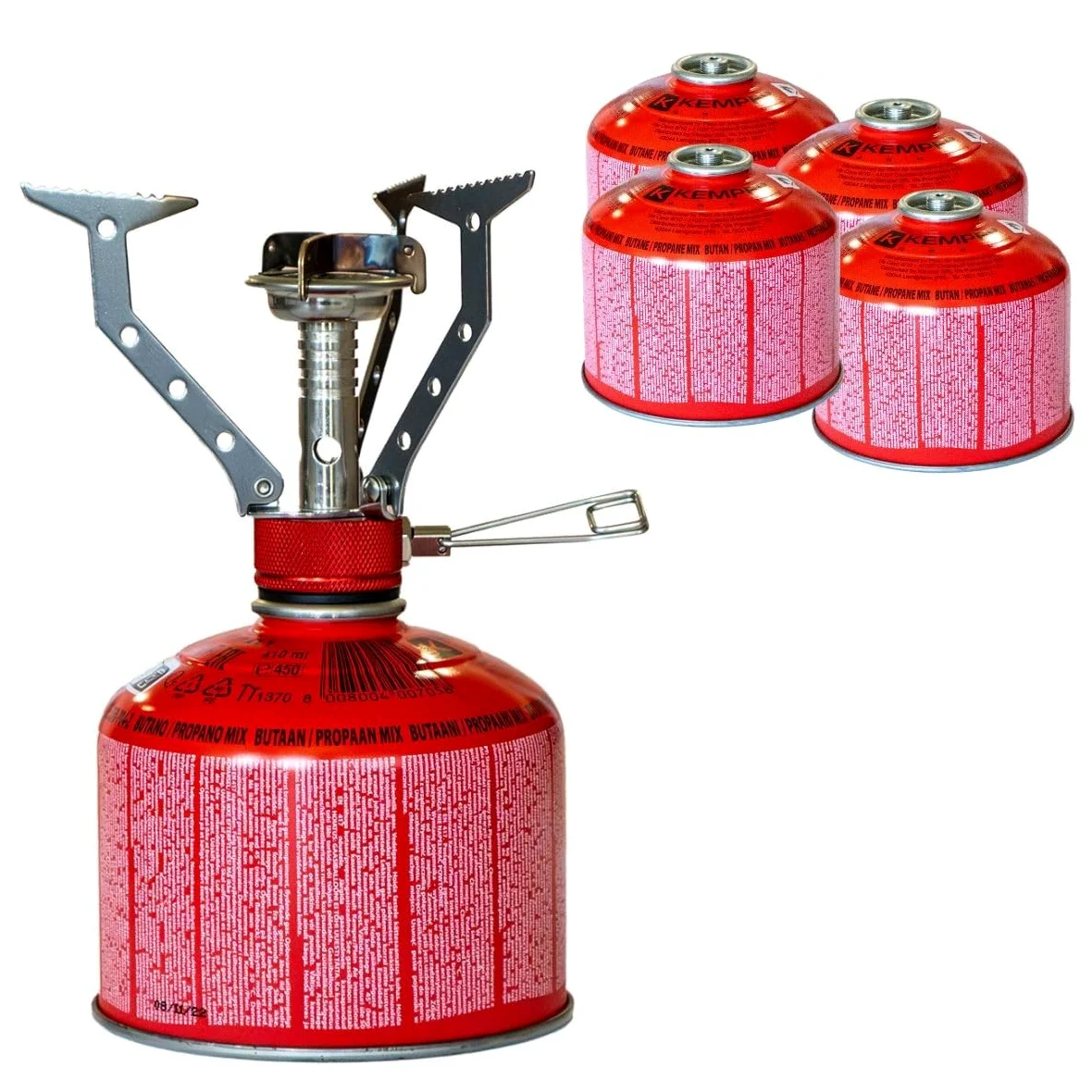 KEMPER - Réchaud gaz Portable 4.5 KW + 4 Cartouches gaz Butane Propane 230gr - Mini brûleur randonnée Anti-Vent Pliable & Léger Camping Haute Montagne