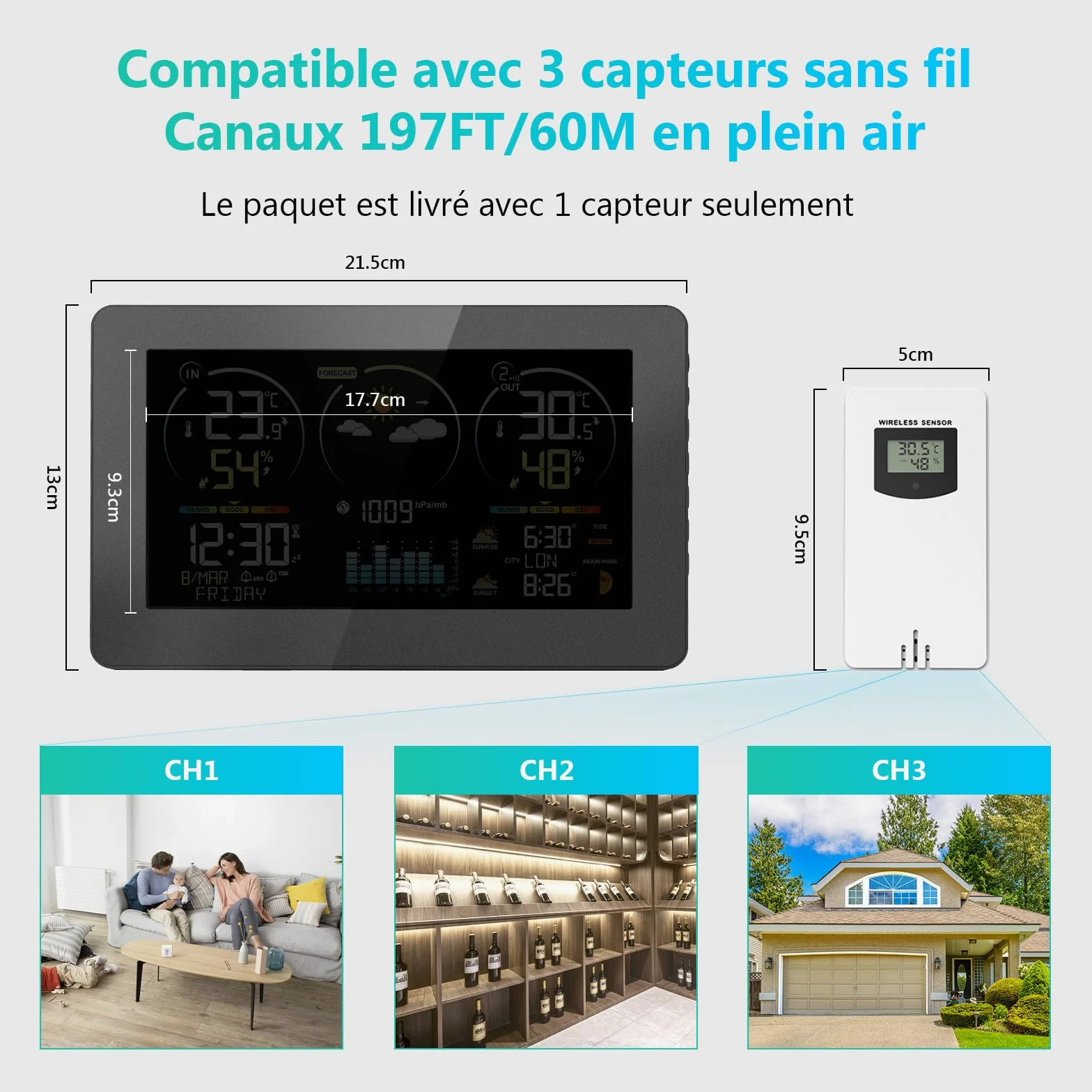 Station Météo Intérieur Extérieur Sans Fil avec 1 Capteur Extérieur | Thermomètre Hygromètre Digital, Écran LCD Couleur, Horloge Radio-commandée, Réveil Snooze, Calendrier, Prévisions Météo