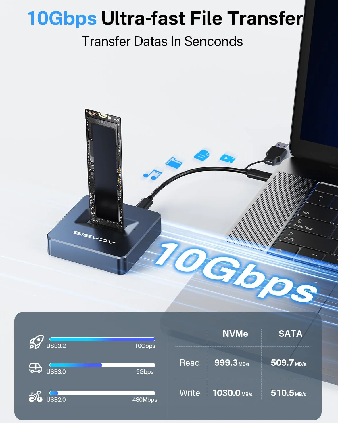 ACASIS Boîtier SSD M.2 NVMe SATA 10Gbps USB 3.2 Adaptateur M.2 vers USB pour SSD Externe Aluminium 2230/2242/2260/2280