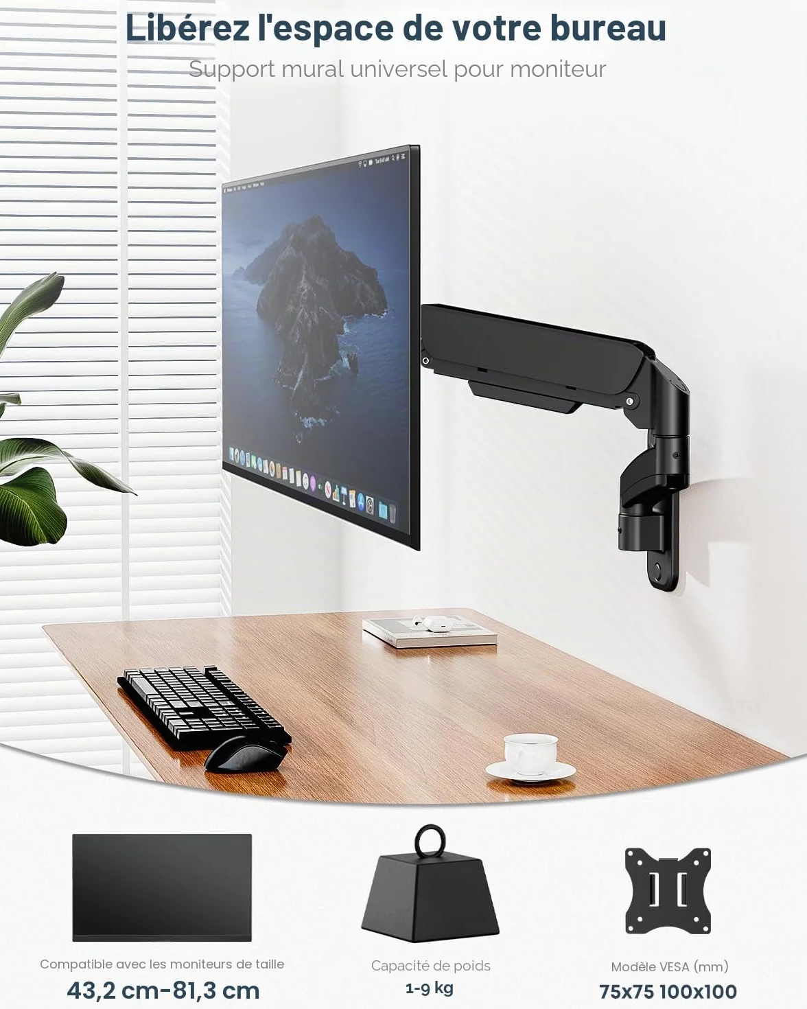 WORLDLIFT Support Mural Moniteur PC 17-32" Bras Ergonomique Réglable 9 kg VESA 75x100 mm