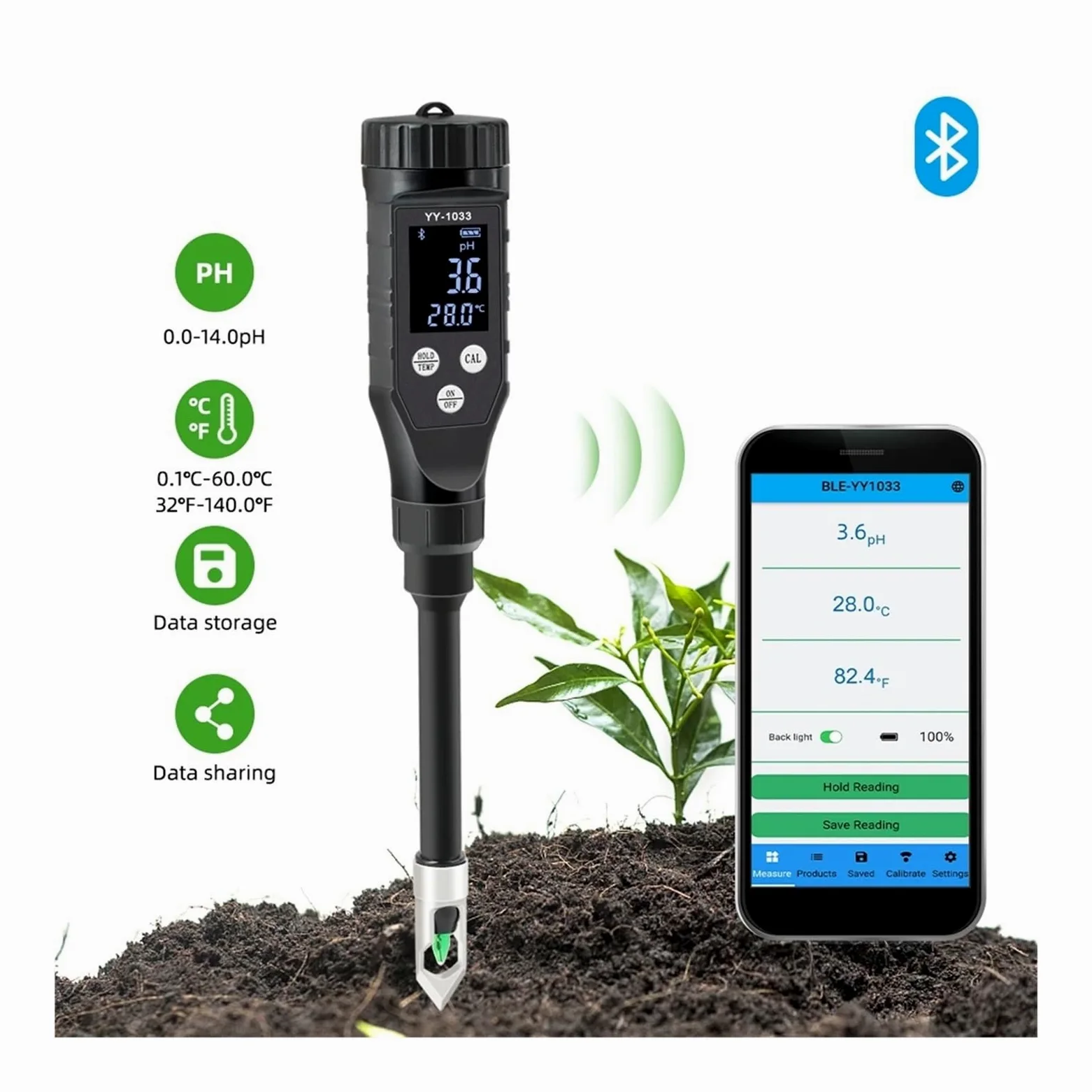 Testeur de pH Sol intellint 0, à 14, Bluetooth, enregistreur données, analyseur température et d'acidité for Culture hydroponique, Plantation, Jardin, Terres agricoles Jardinage, Agriculture