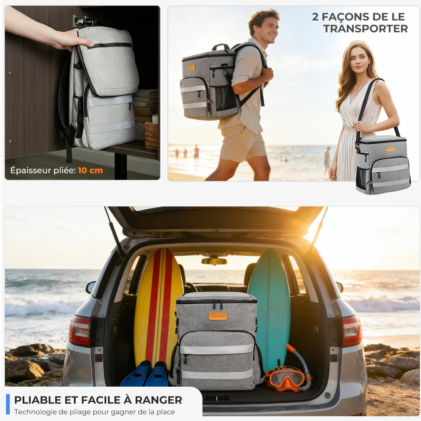 Sac à Dos Isotherme 30L Pliable - Grand Capacité, Maintient au Frais 24H, Léger et Imperméable pour Pique-Nique, Plage, Voyage, Pêche, Barbecue, Gris