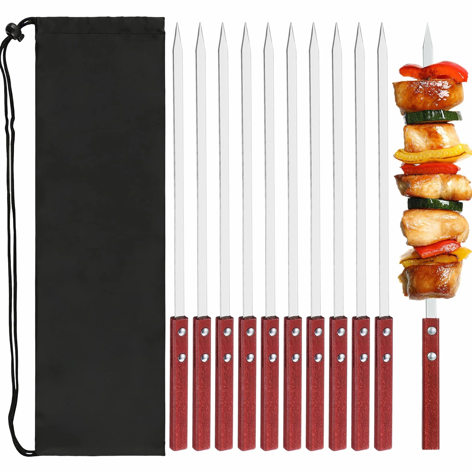 Brochette Inox 35cm Pic à Brochette avec Manche en Bois Réutilisable Résistante à la Chaleur Barbecue 10 Pièces