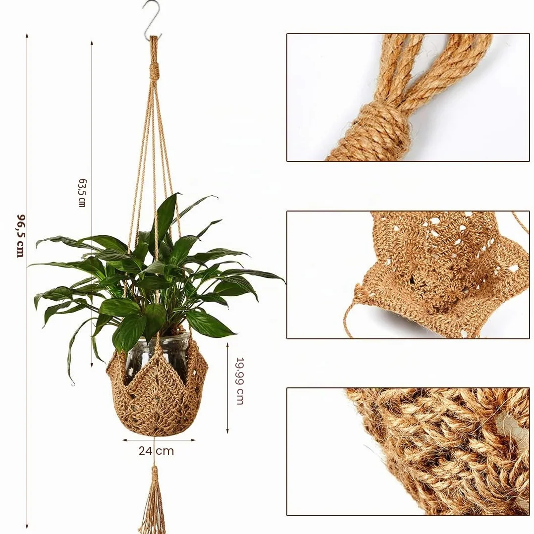 Supports de Plantes en Corde de Jute Lot de 2 avec Crochets - Support de Pot de Fleurs en Macramé
