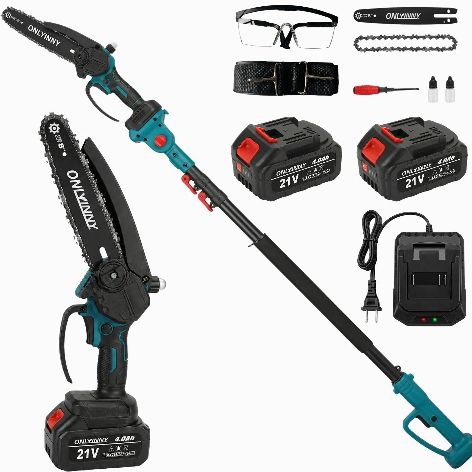 Tronçonneuse élagueuse 2-en-1 8 pouces moteur brushless 21V, perche télescopique, 2 batteries 4,0 Ah, verrouillage sécurité outil d'élagage arbres fruitiers jardin
