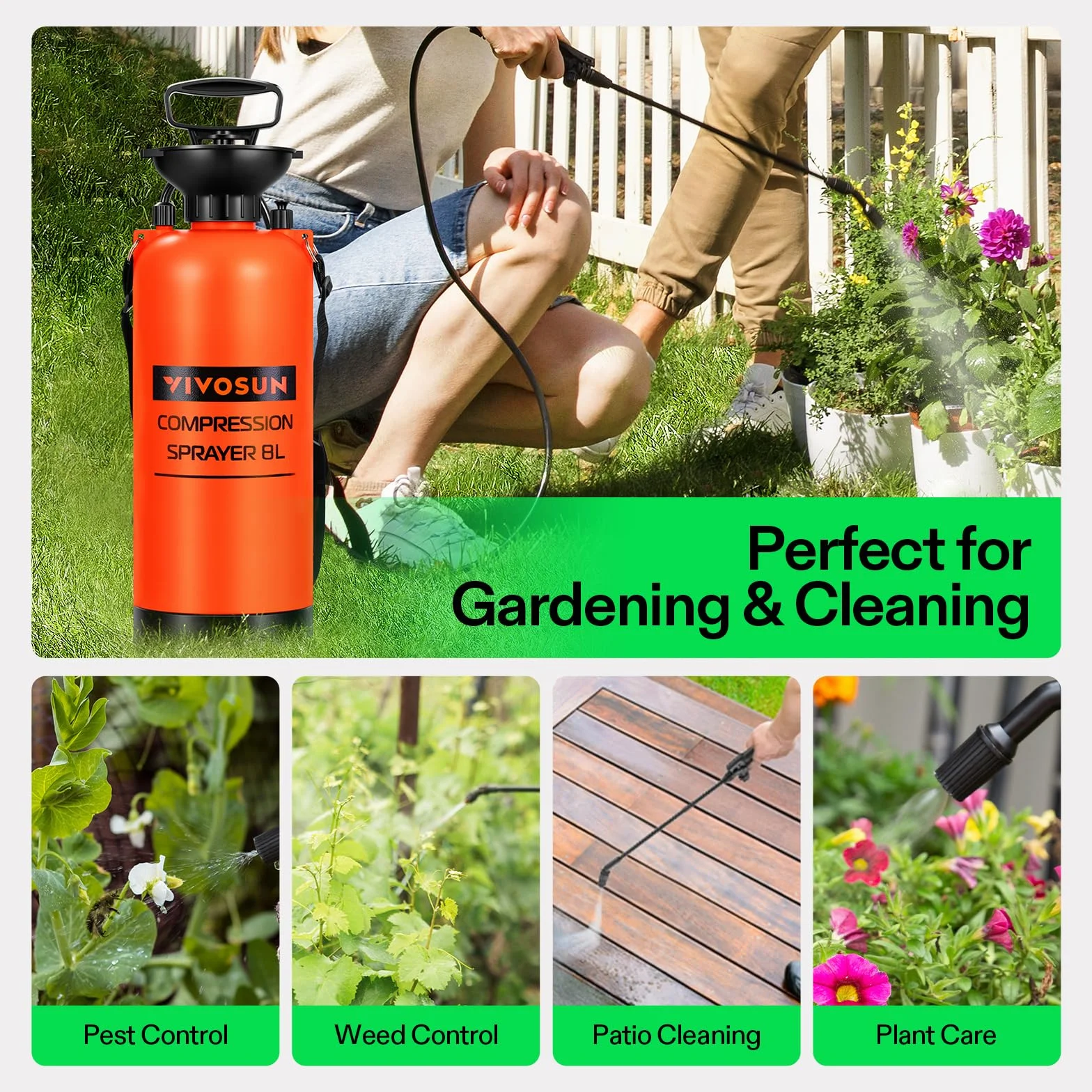 VIVOSUN Pulvérisateur à Pression 8L avec Sangle d'Épaule Réglable, Flacon d'Eau Pressurisé pour Pelouse et Jardin, pour l'Arrosage des Plantes, l'Entretien du Jardin et le Nettoyage Domestique, Orange