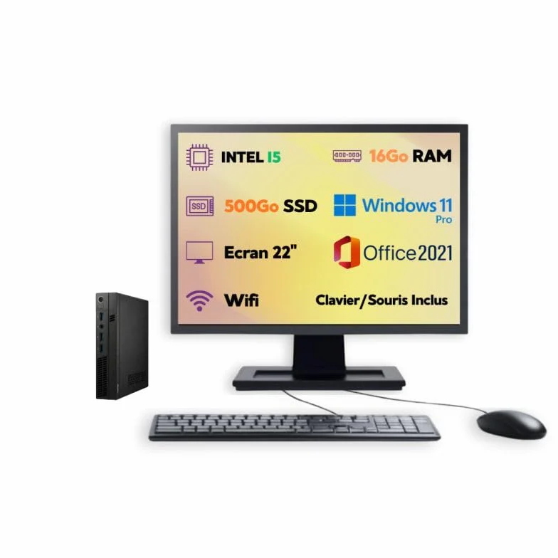 PC Ultra Mini Intel Core i5 Windows 11 Pro SSD 500Go RAM 16Go Wi-Fi Écran 22'' Ordinateur Bureau Compact Reconditionné