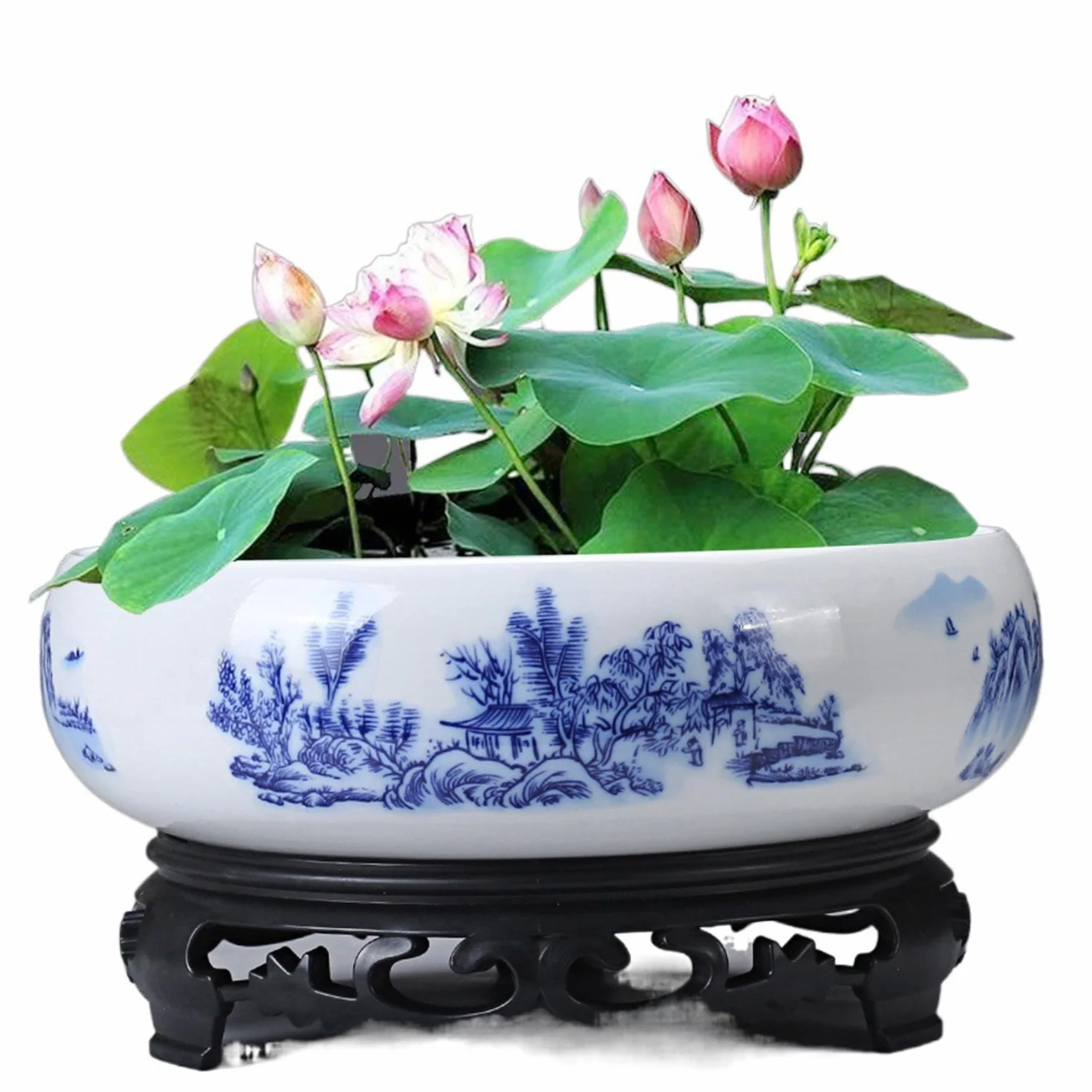 Lotus pot de fleurs en céramique bleue et blanche, pot décoratif rond pour jardin, balcon, bureau