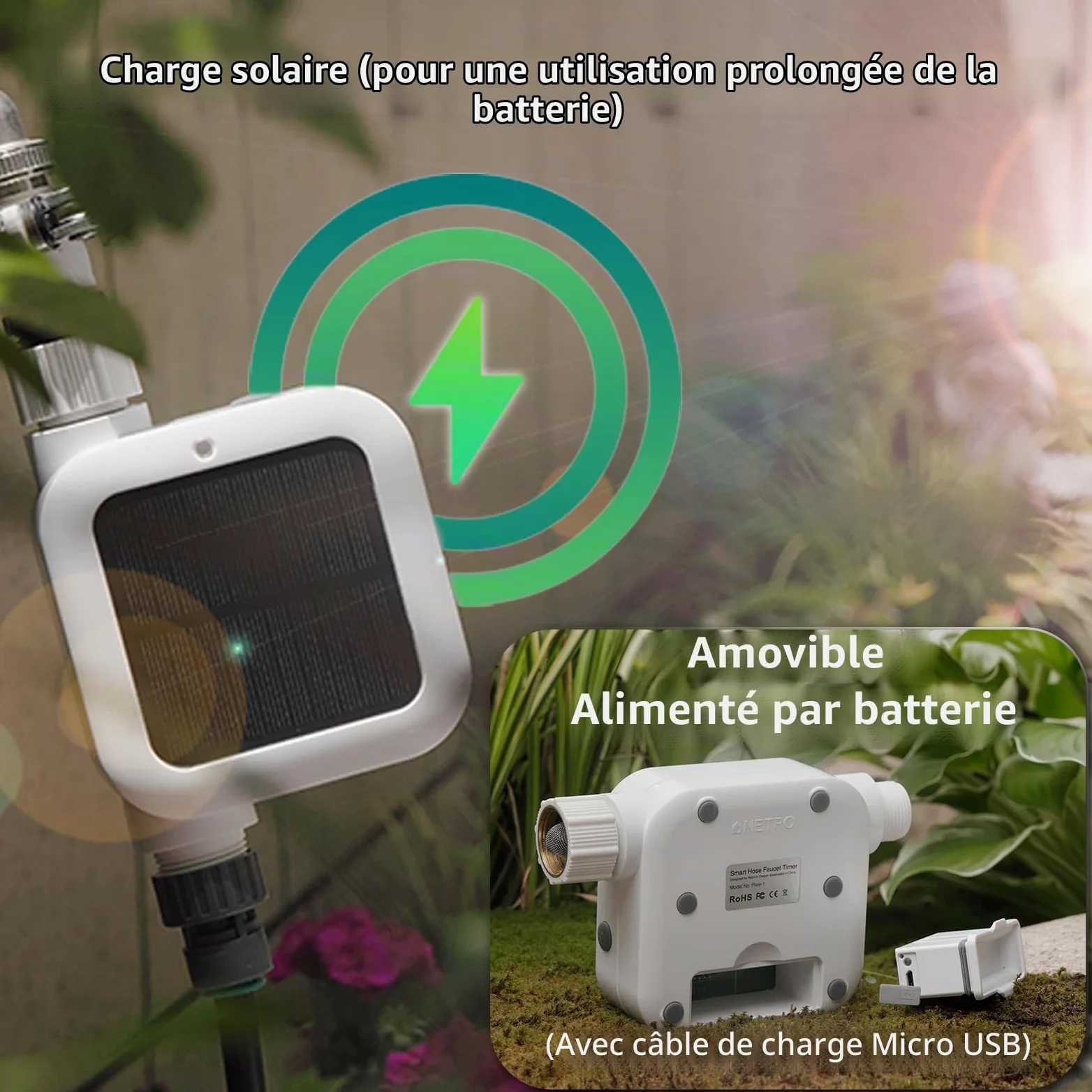 Netro Pixie Minuterie Intelligente pour Tuyau, Connexion WiFi, Alimentation Solaire, S’adapte aux intempéries