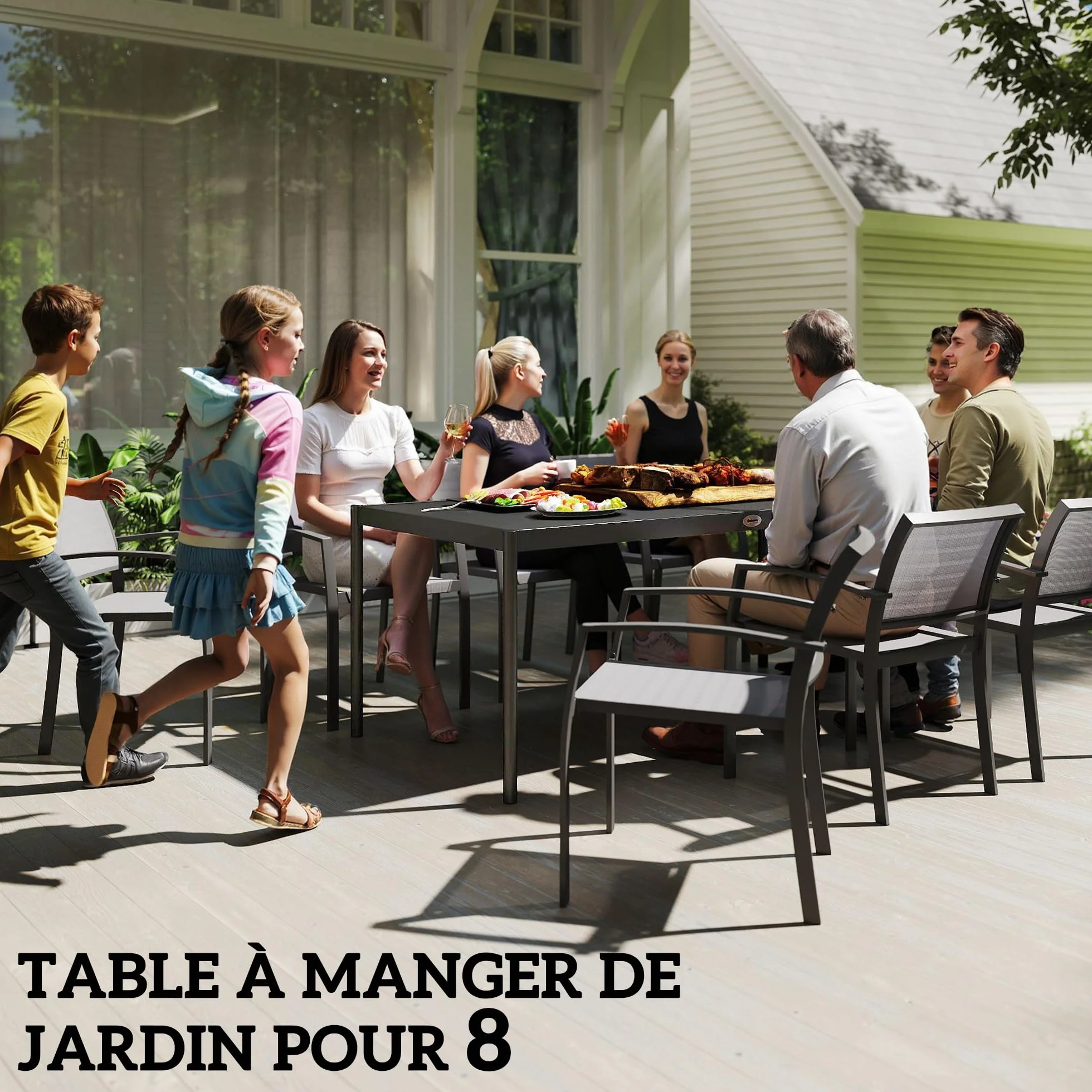 Outsunny Table à Manger de Jardin en Acier pour 8 Personnes, Plateau à Lattes Rectangulaire, Anti-Rouille, Gris Foncé