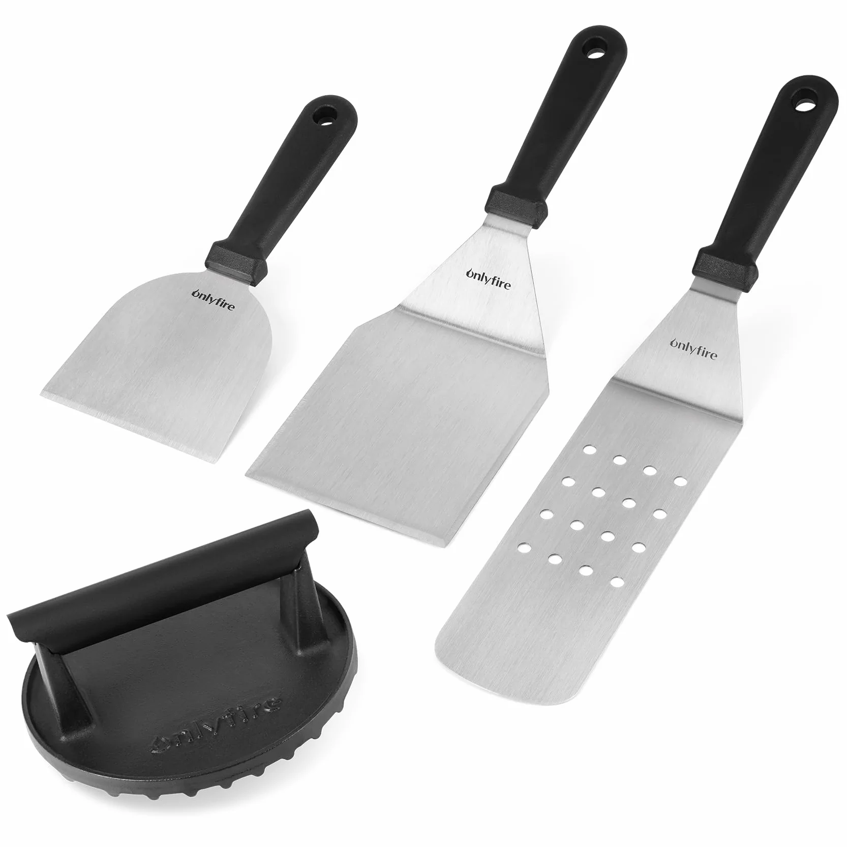 Onlyfire Set Accessoires Plancha 4 Pièces – Presse Burger Fonte, Spatule Perforée, Spatules