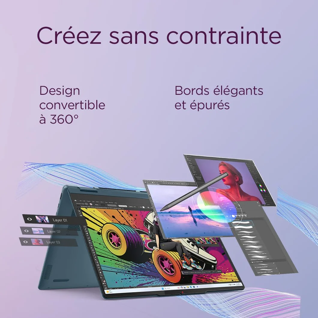 Lenovo Yoga 7 2-in-1 14AKP10 Ordinateur Portable 14" OLED AMD Ryzen AI 5 340 RAM 16Go SSD 512Go AMD Radeon 840M Windows 11 Home Clavier AZERTY Tidal Teal