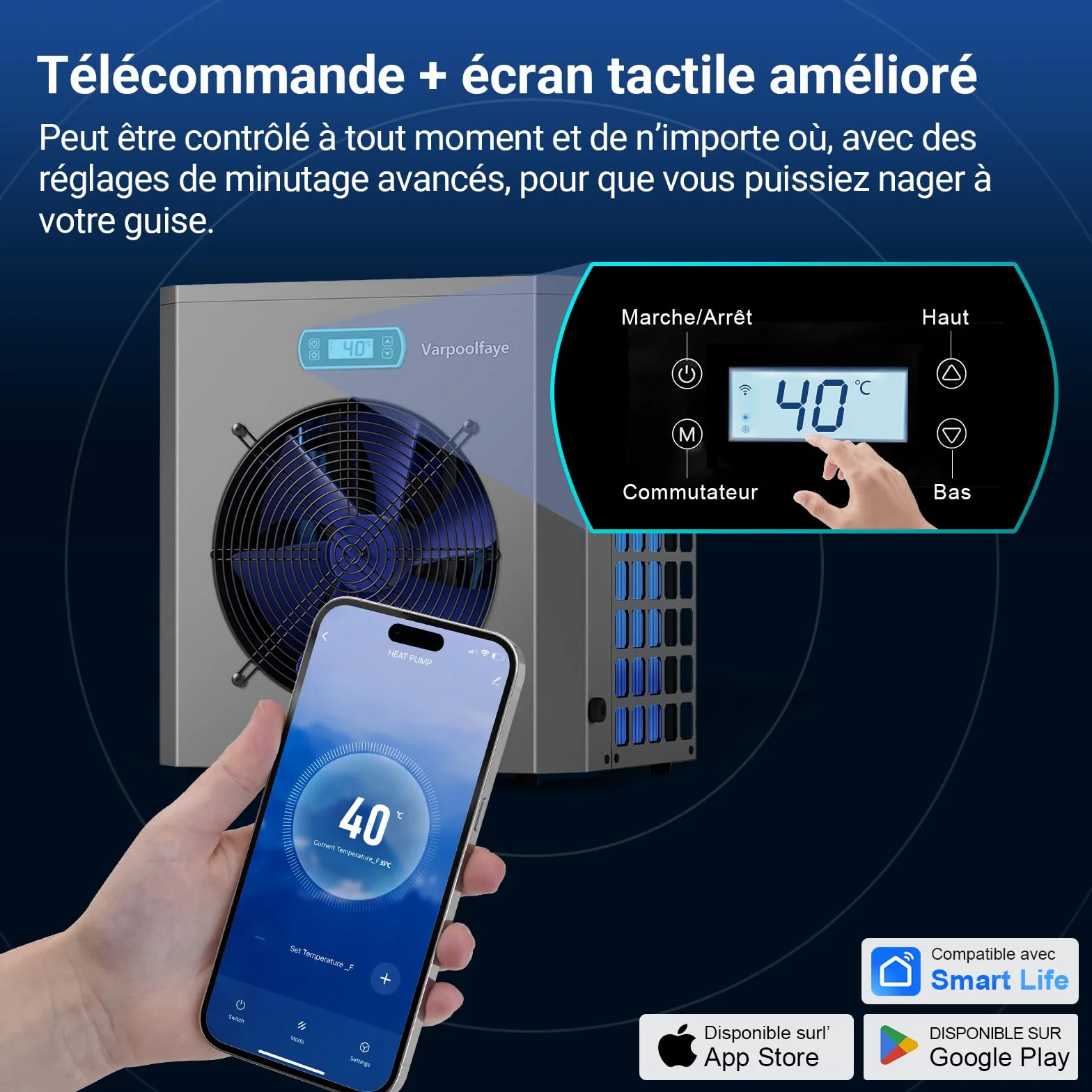 Pompe à chaleur électrique piscine 5 kW 20 m³ contrôle WiFi 220 V 240 V 50 Hz