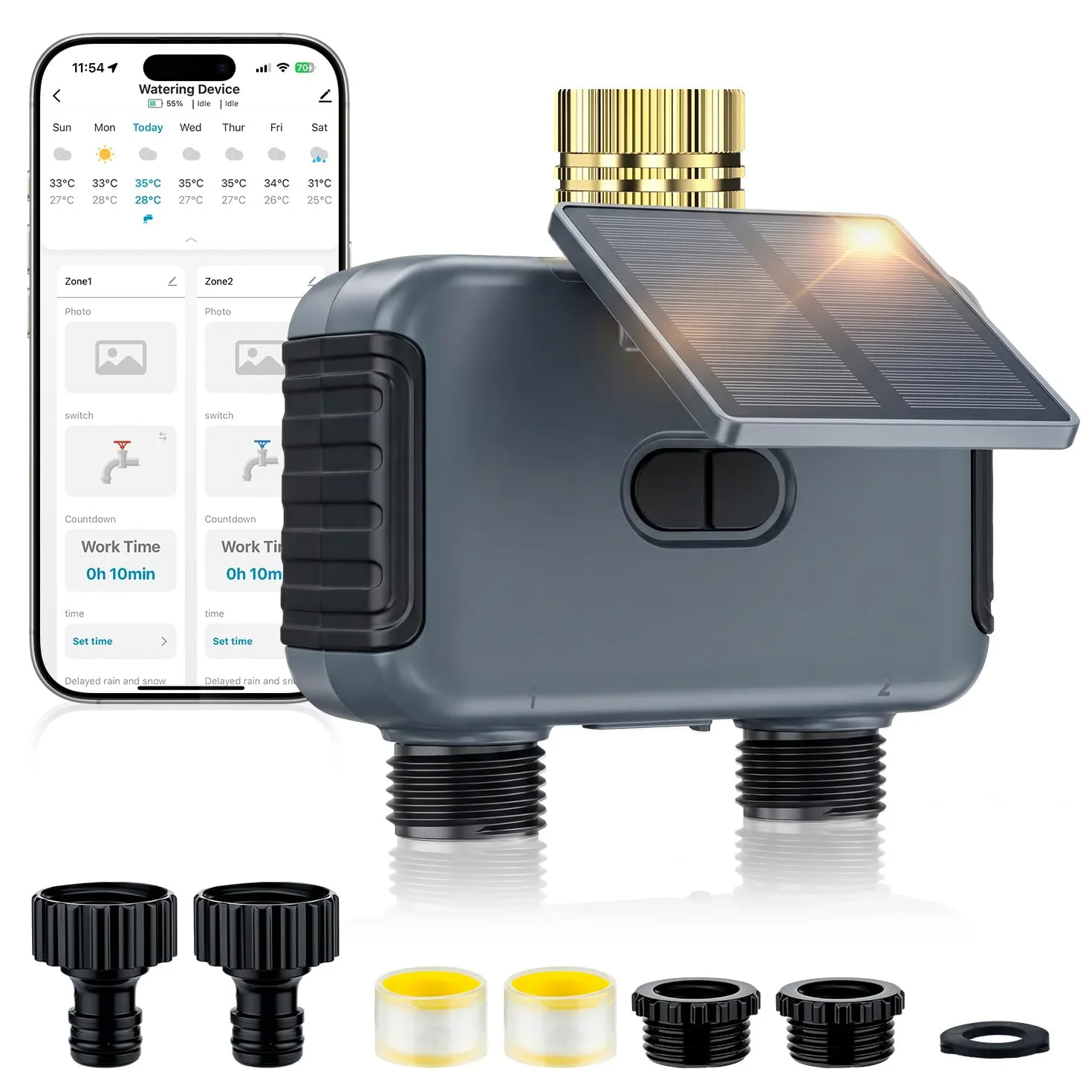 Mcbazel Programmateur d’Arrosage Automatique WiFi à 2 Sorties pour Jardin et Pelouse, avec Panneau Solaire Rechargeable, Conception Étanche IP55, Compatible Application Smart Life et Assistants Vocaux