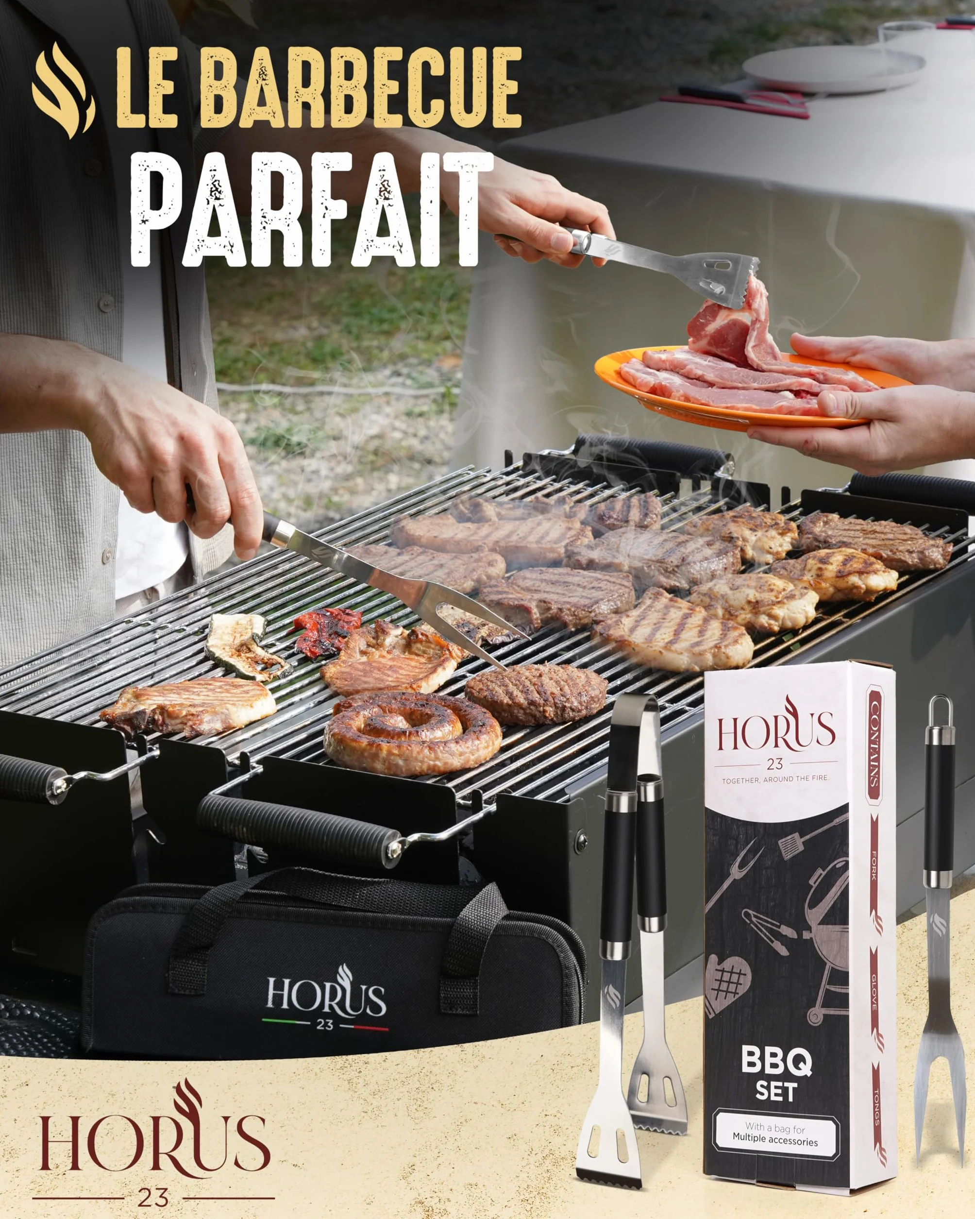 HORUS 23® Kit Barbecue Professionnel 4 Ustensiles Inox avec Gant Ignifuge Coffret Cadeau