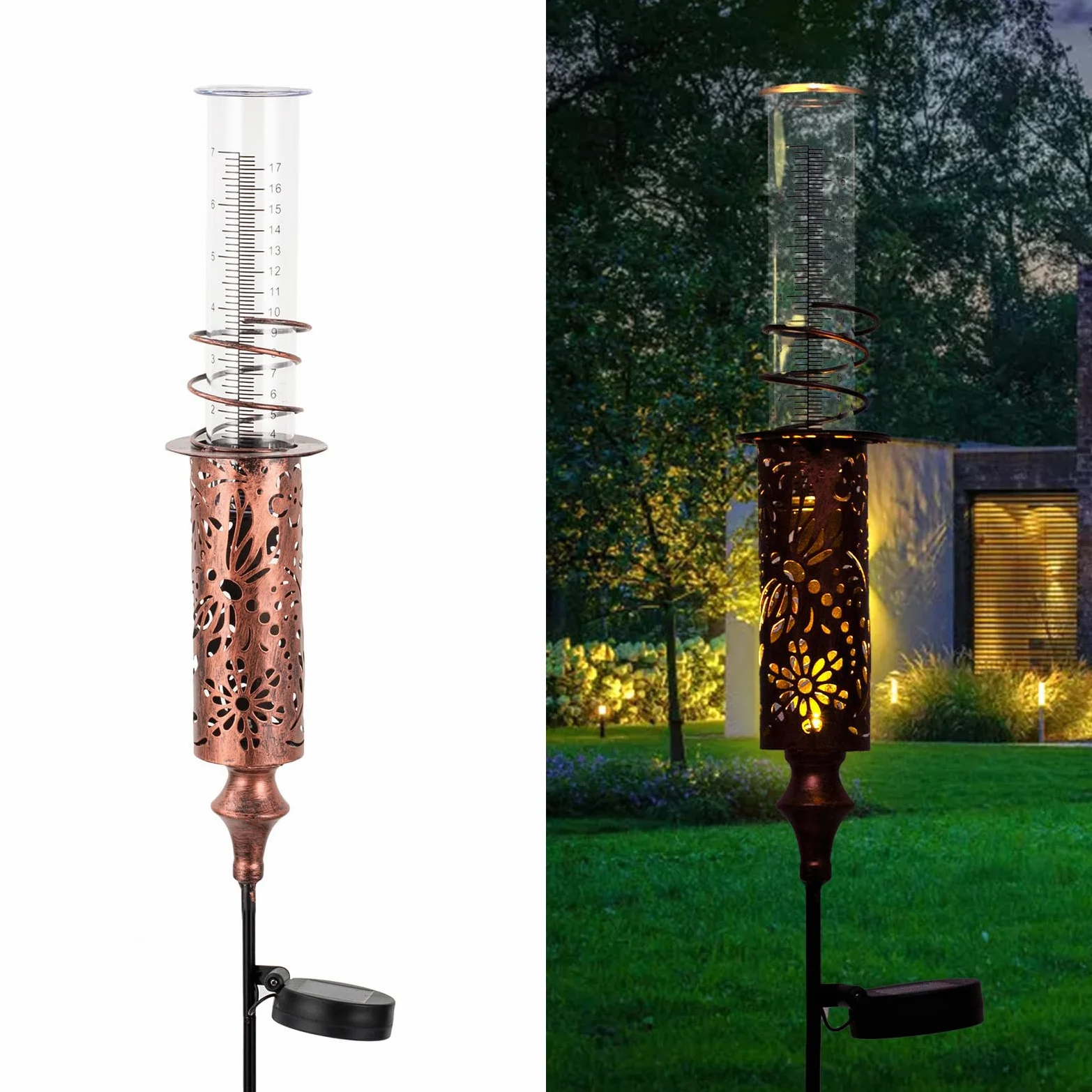 Pluviomètre d'extérieur solaire pour cour, jauge de pluie anti-gel avec tube en plastique de 17,8 cm, piquet décoratif de jardin en cuivre avec lumière LED