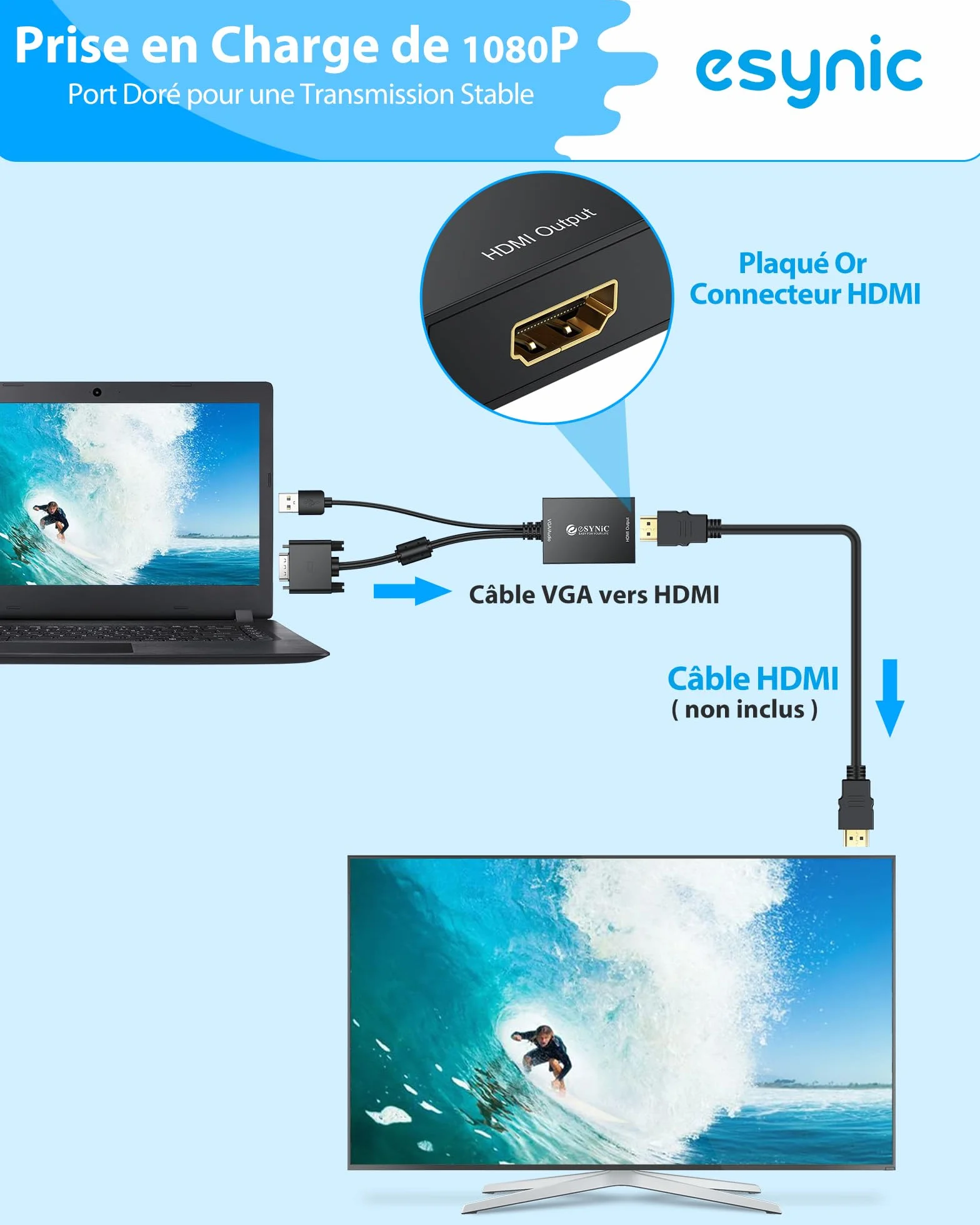 eSynic Adaptateur VGA vers HDMI 1080P Convertisseur VGA à HDMI avec Câble VGA 30cm Câble USB 1M Connecteur Plaqué Or