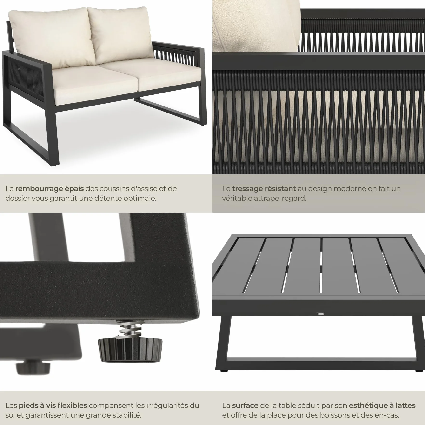 Tectake Salon de Jardin Canapé 2 Places Banquette Table Basse Coussins Inclus Cadre Aluminium laqué époxy Mobilier Exterieur