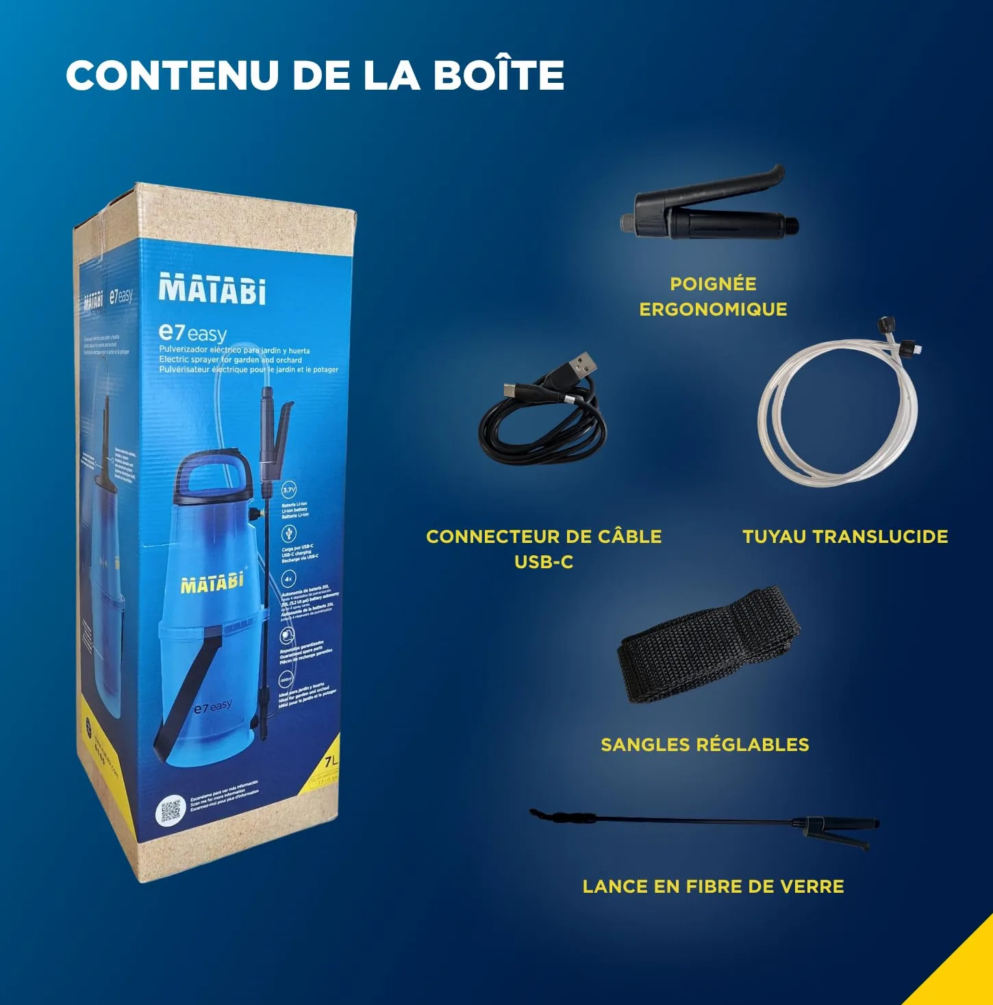 Matabi E7Easy - Pulvérisateur Électrique 5 L - USB-C -Autonomie jusqu'à 20L | Pulverisateur de Jardin avec Batterie, tuyau 1,3 m, voyant LED, bouton ON/OFF, pour terrasse, jardin et potager