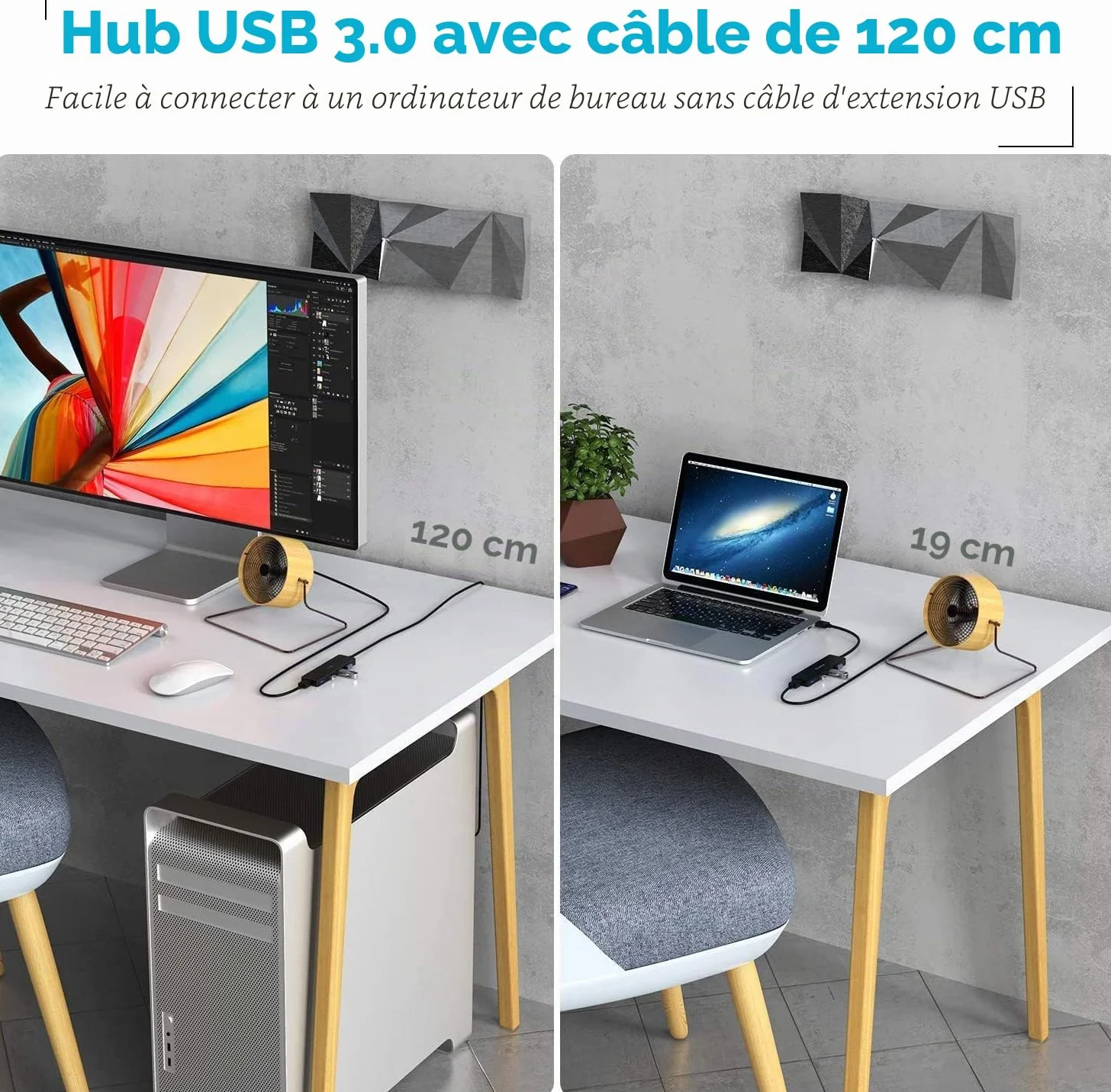 Aceele Hub USB 3.0 4 Ports 120cm pour Macbook, PC