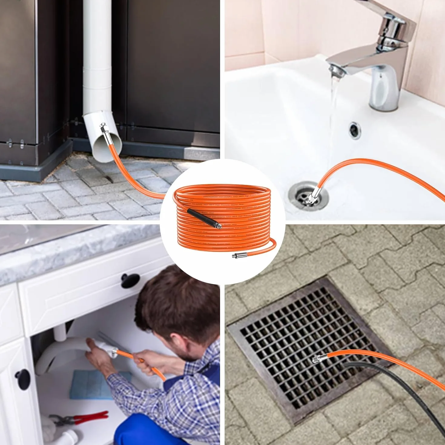 10M Tuyau Déboucheur Canalisation pour Nettoyeur Haute Pression | Pour Kärcher Série K2-K7,M22,Lavor,Bosch AQT,Kit Déboucheur avec Buses à Jet et Rotative,260BAR