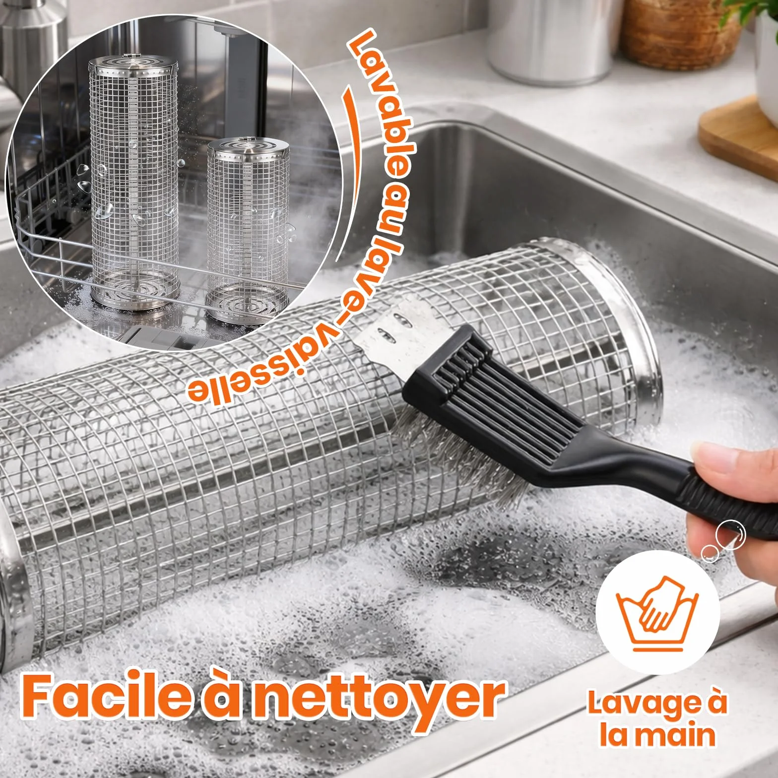Set de Panier à Barbecue Roulant avec Accessoires, Acier Inoxydable 304, Poignée Détachable, 18 Pièces