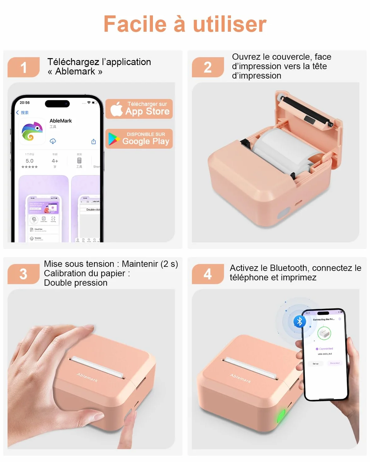 Mini Imprimante Thermique Portable Bluetooth sans Encre, Étiqueteuse Autocollante 1 Rouleau (12-50mm)