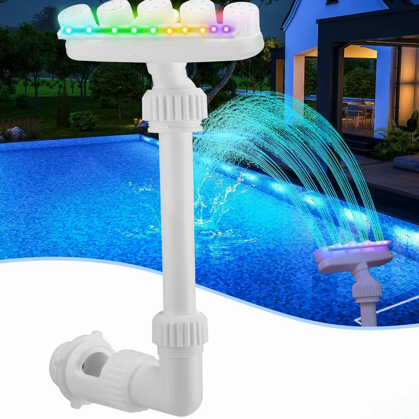 Reallnaive Fontaine solaire piscine avec 7 lumières LED de couleur réglable, arroseur cascade, lumières de cascade, pulvérisateur amusant