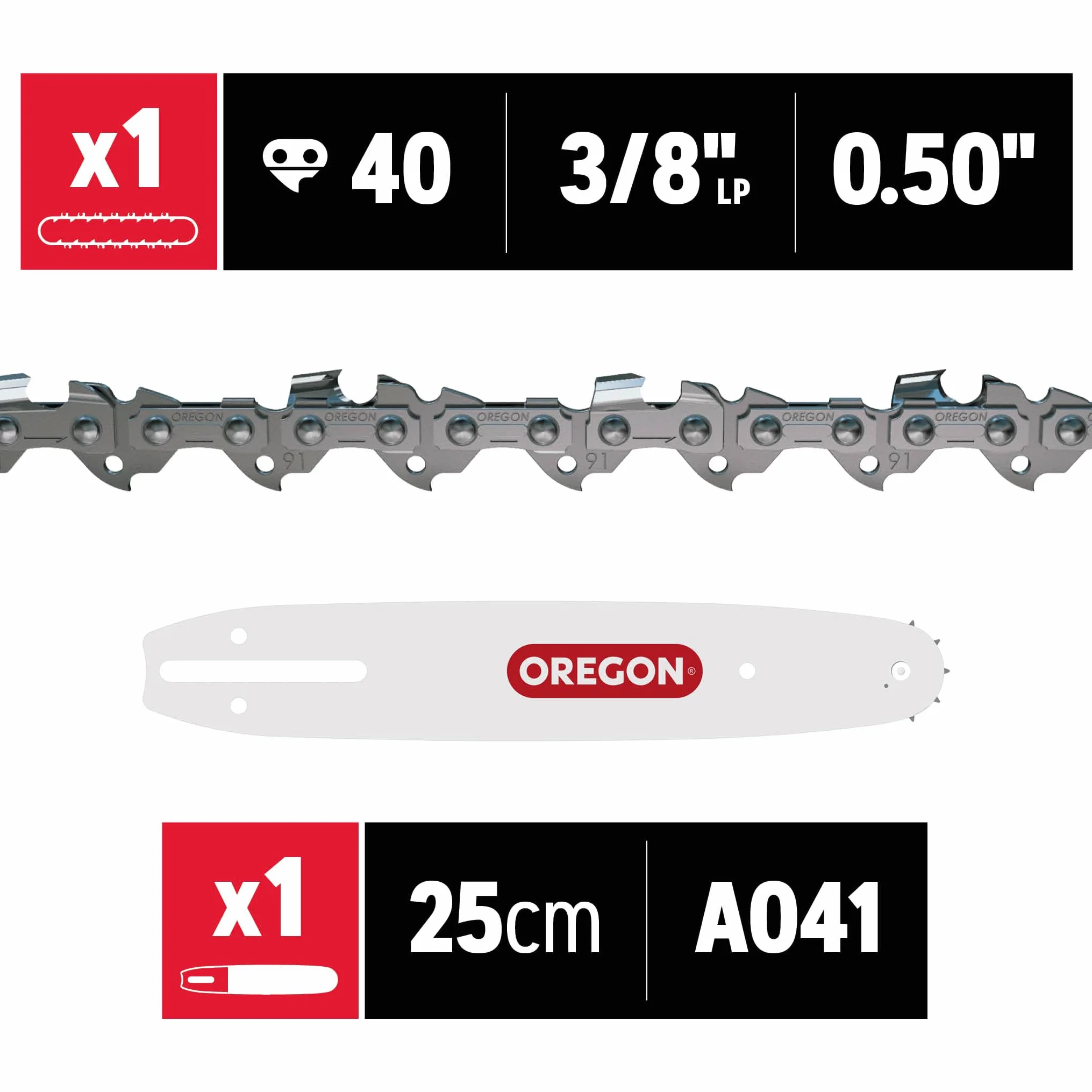 Oregon Chaîne et Guide pour Tronçonneuse sur perche - Chaîne 3/8" Low Profile, 0.50 pouces (1.3mm), 40 maillons avec Guide A041 de 25cm, compatible avec Ryobi, Bosch, Dolmar, Husqvarna, et autres