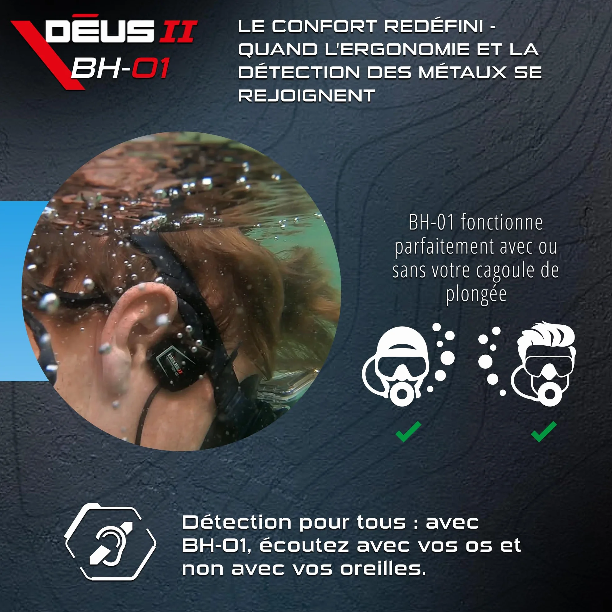 XP METAL DETECTORS BH-01 Casque à Conduction osseuse Filaire IP68 pour Deus II détection métaux sous-marine 20m
