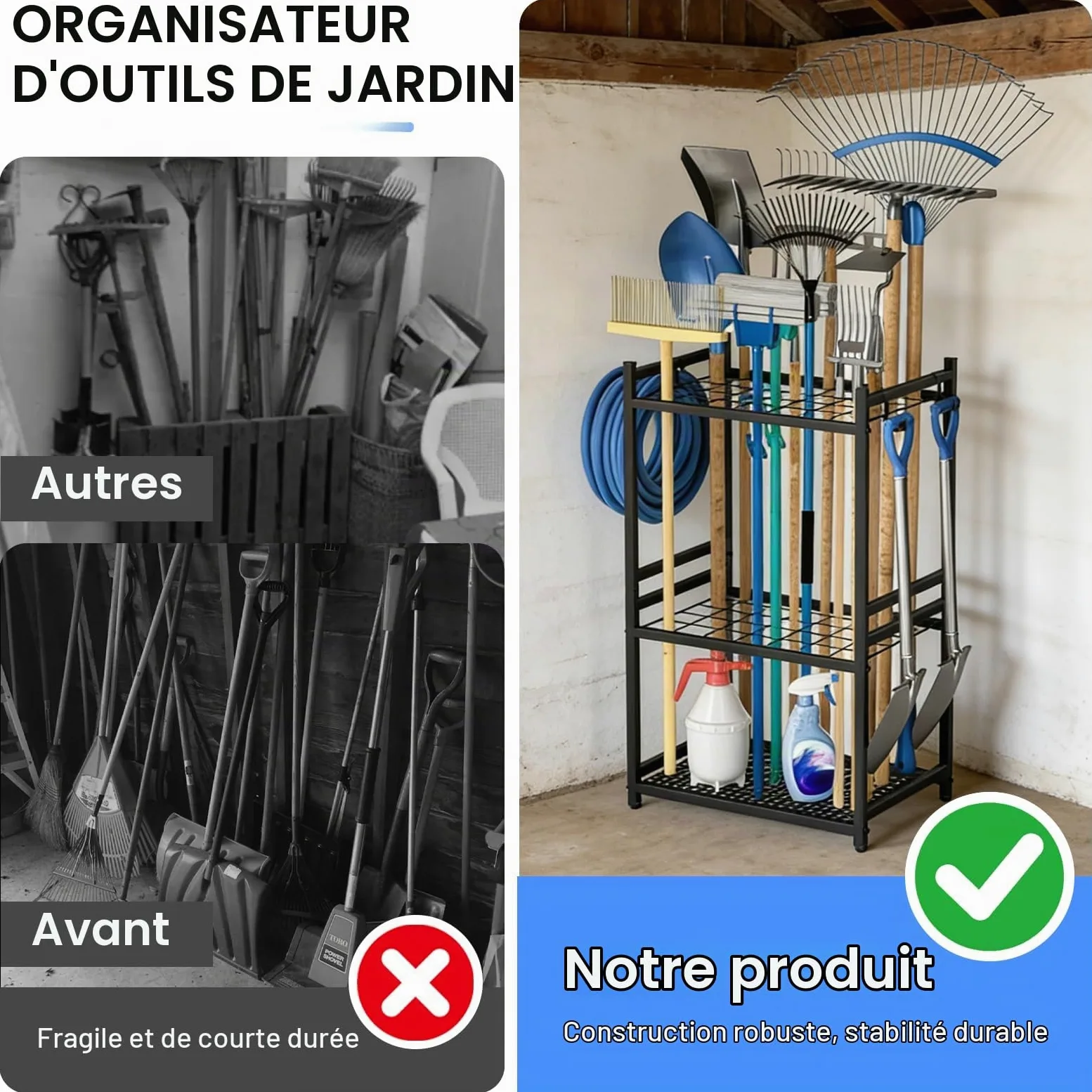 efuturetime Organisateur d'Outils de Jardin 35 Emplacements, 80 × 43 × 30cm | Support Rangement en métal, 3 Niveaux avec roulettes pour Garage Pelouse Abri