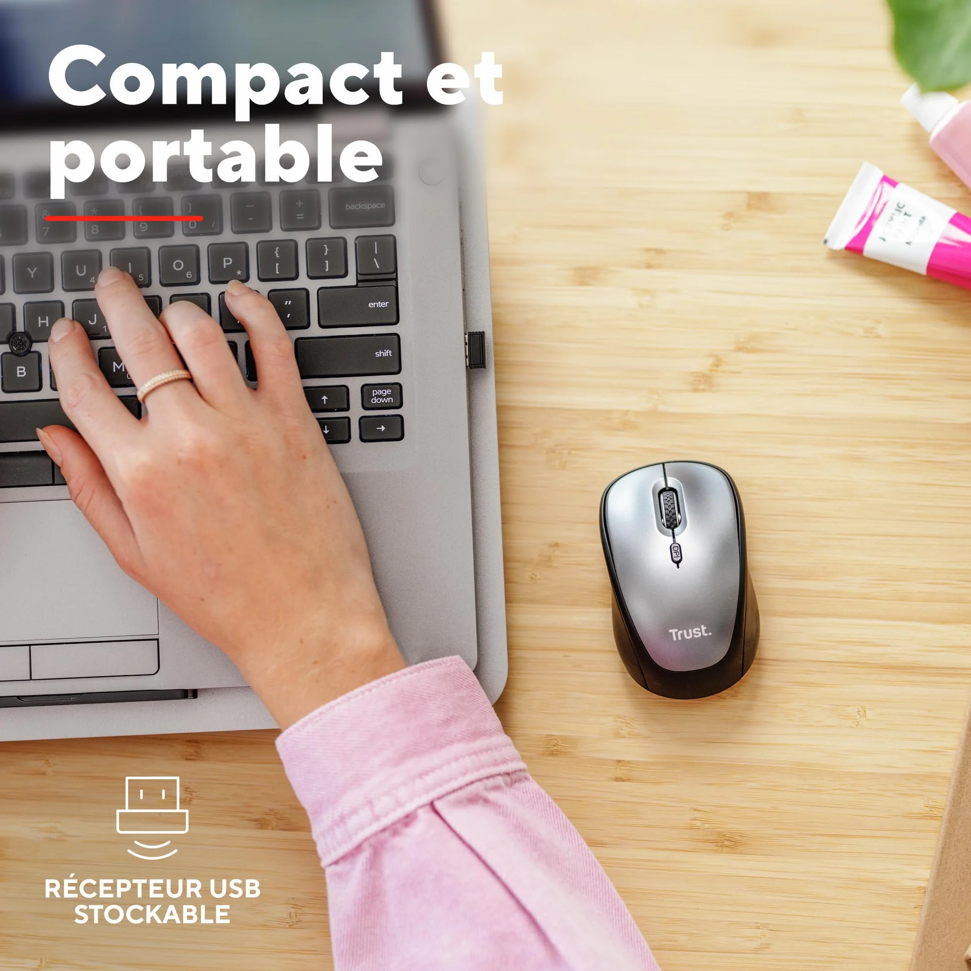 Trust Souris sans Fil Silencieuse 800-1600 DPI Plastique Recyclé Récepteur USB Stockable Compacte pour Ordinateur Portable PC Mac Noir