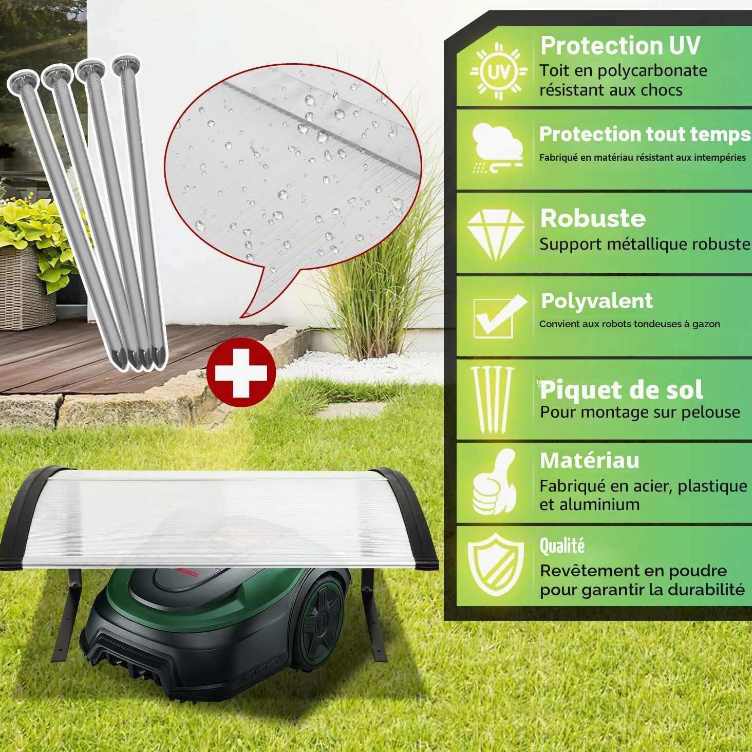 Eulenke Garage pour tondeuse robot à gazon, 105 x 85 x 45 cm, pour jardin, résistant aux intempéries et protection UV, avec pieds en métal, transparent