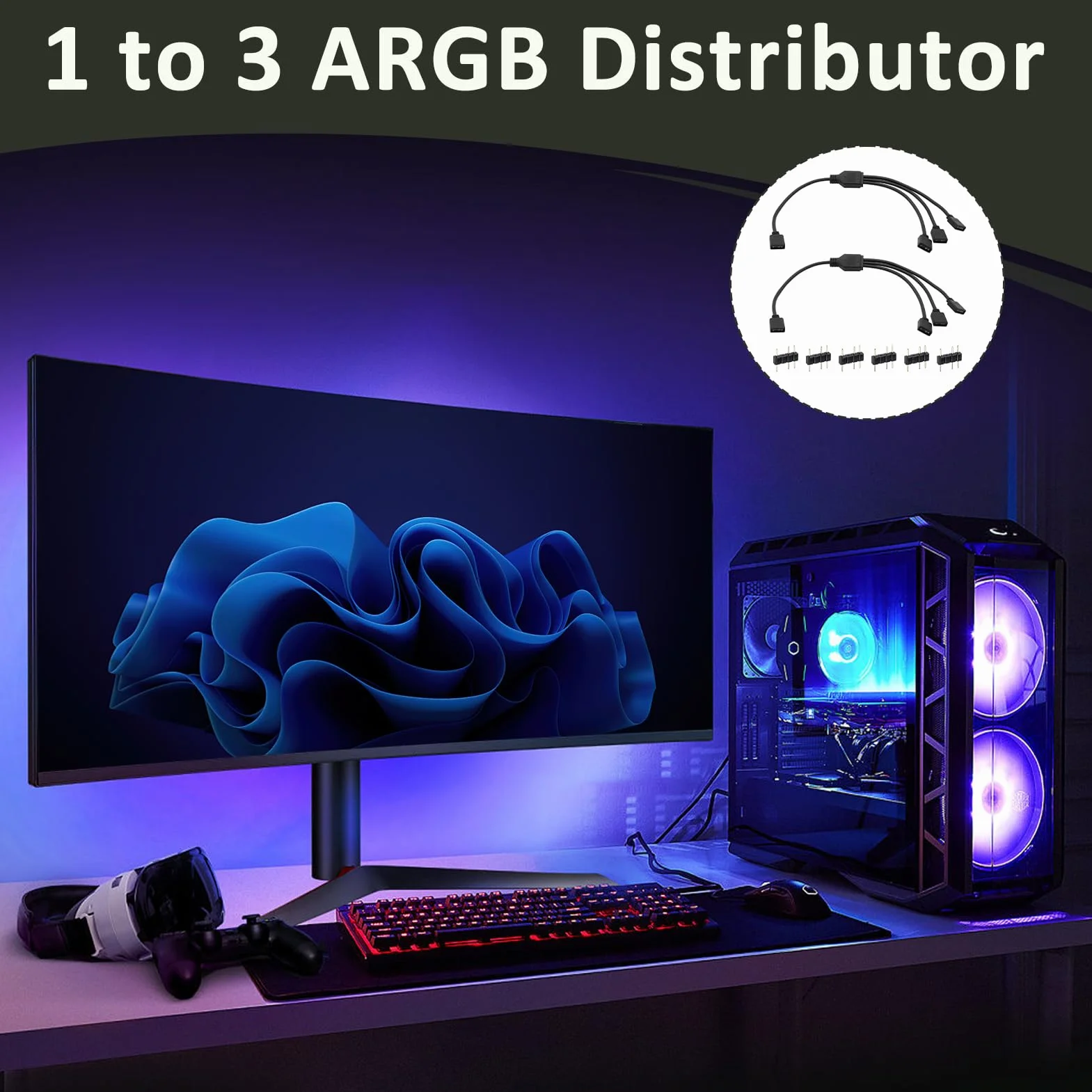 Câble Répartiteur ARGB 1 vers 3, Adaptateur RGB 5V 3 Broches, Extension LED pour Ventilateurs PC Compatible ASUS MSI Gigabyte ASRock