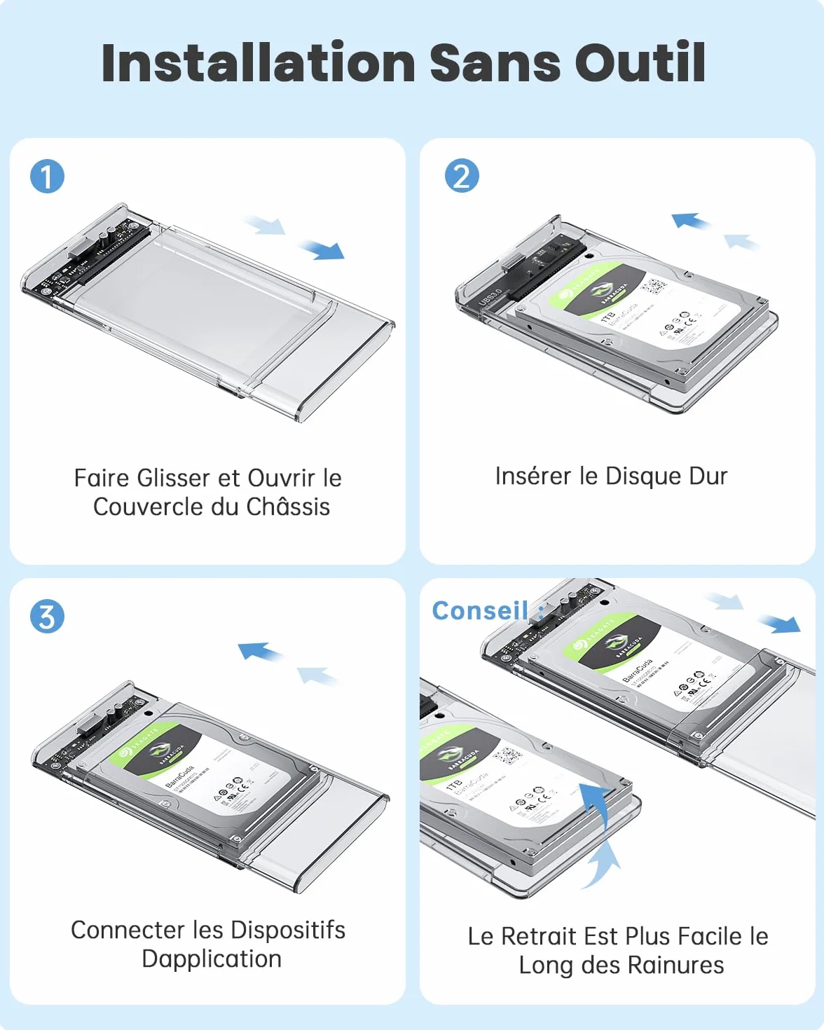POSUGEAR Boîtier Disque Dur 2.5" USB 3.0 Externe 5Gbps SATA HDD SSD UASP Trim Sans Outils Transparent