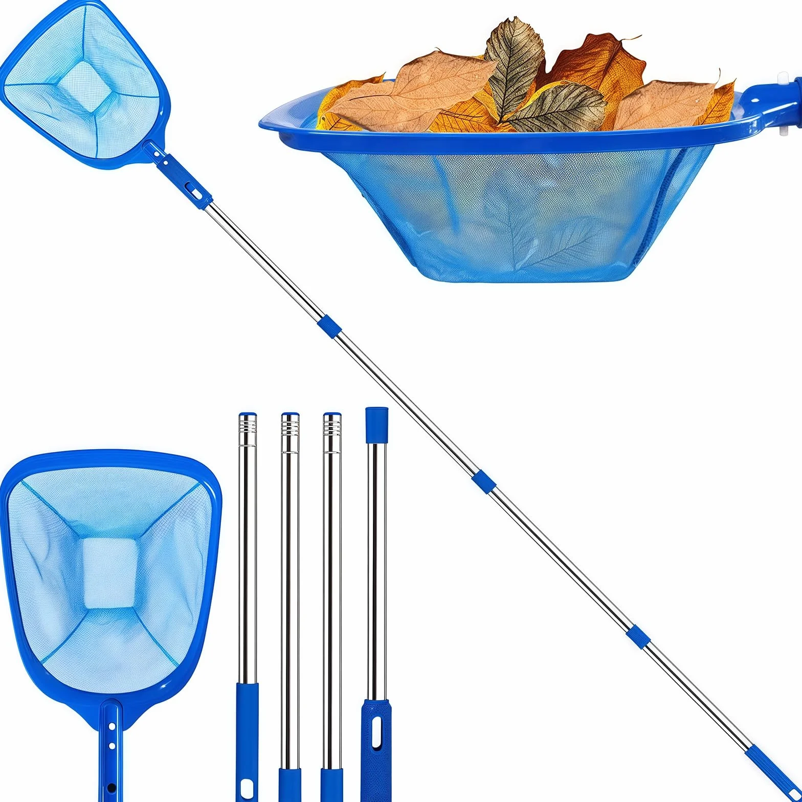 Épuisette Piscine 185 cm avec Manche Télescopique, Kit Nettoyage Piscine Maille Réglable