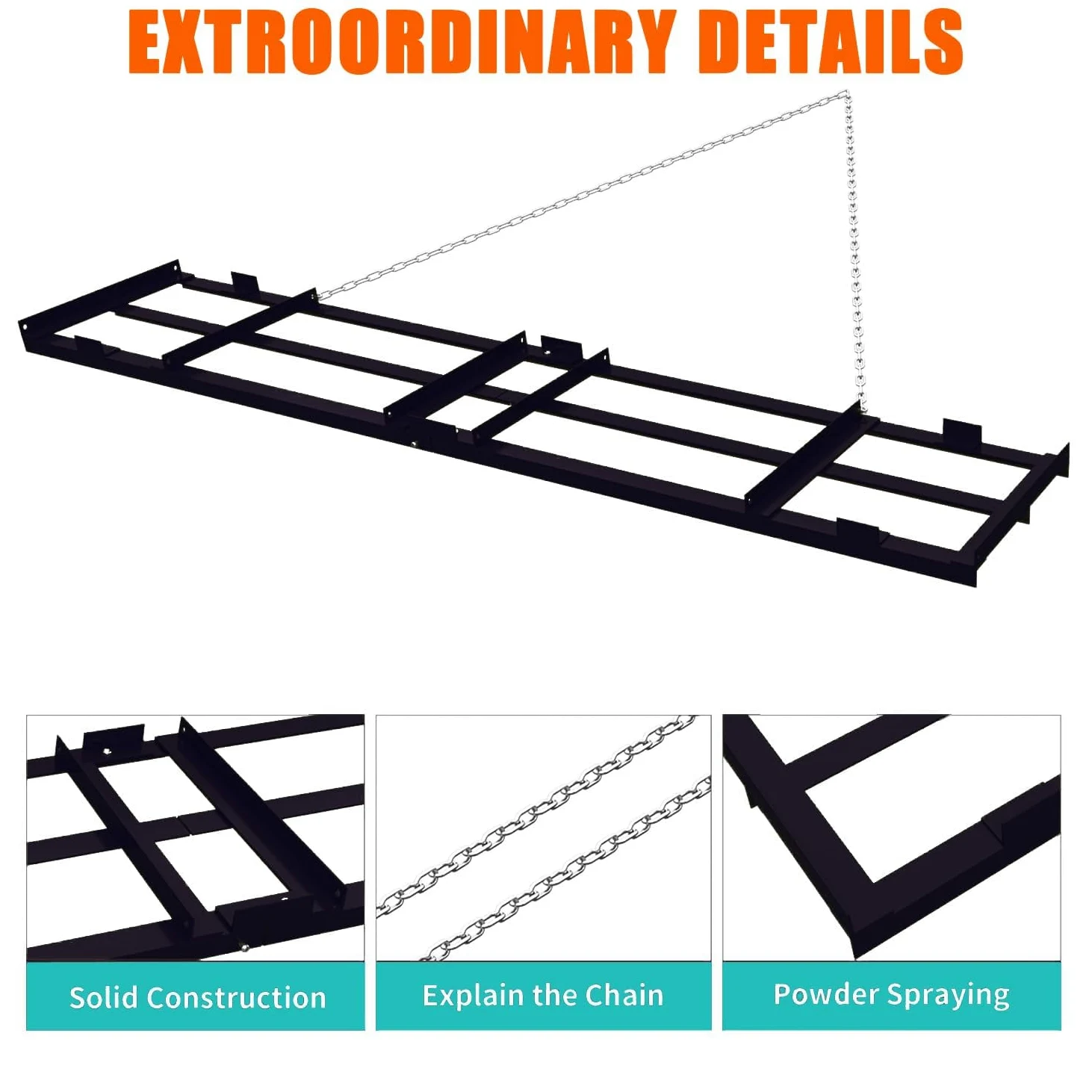 Garvee Herse trainée de 122 x 51 cm (48 x 20 Pouces), Niveleur pour pelouse en Acier Q235 Lourd avec Barres réglables, râteau pour nivellement Gravier et Sol pour VTT, UTV et tracteurs de Jardin Noir