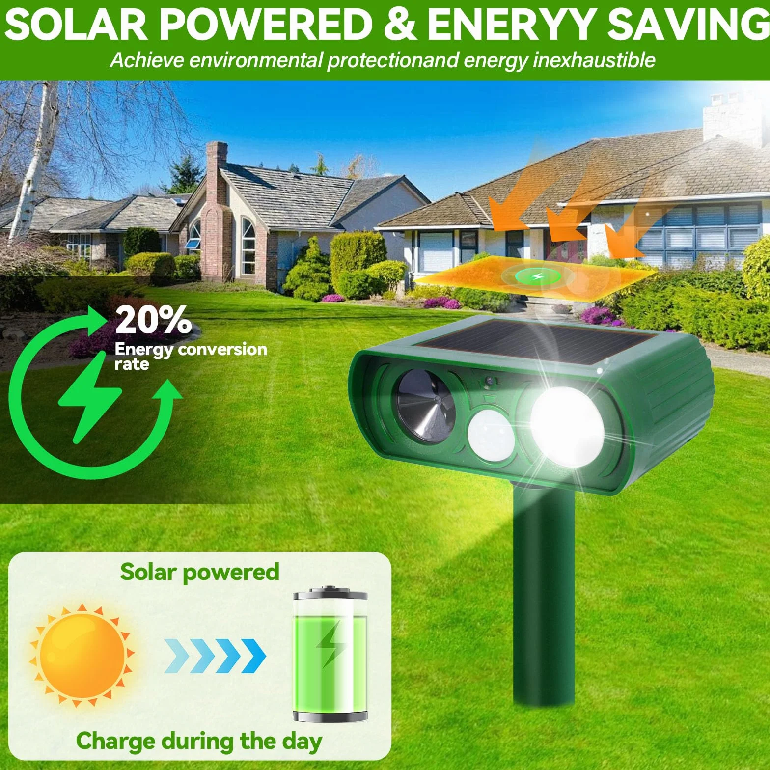 Répulsif Chat Ultrason Extérieur avec Détecteur de Mouvement Lumière LED Étanche pour Jardin Chien Écureuil Renard 510B
