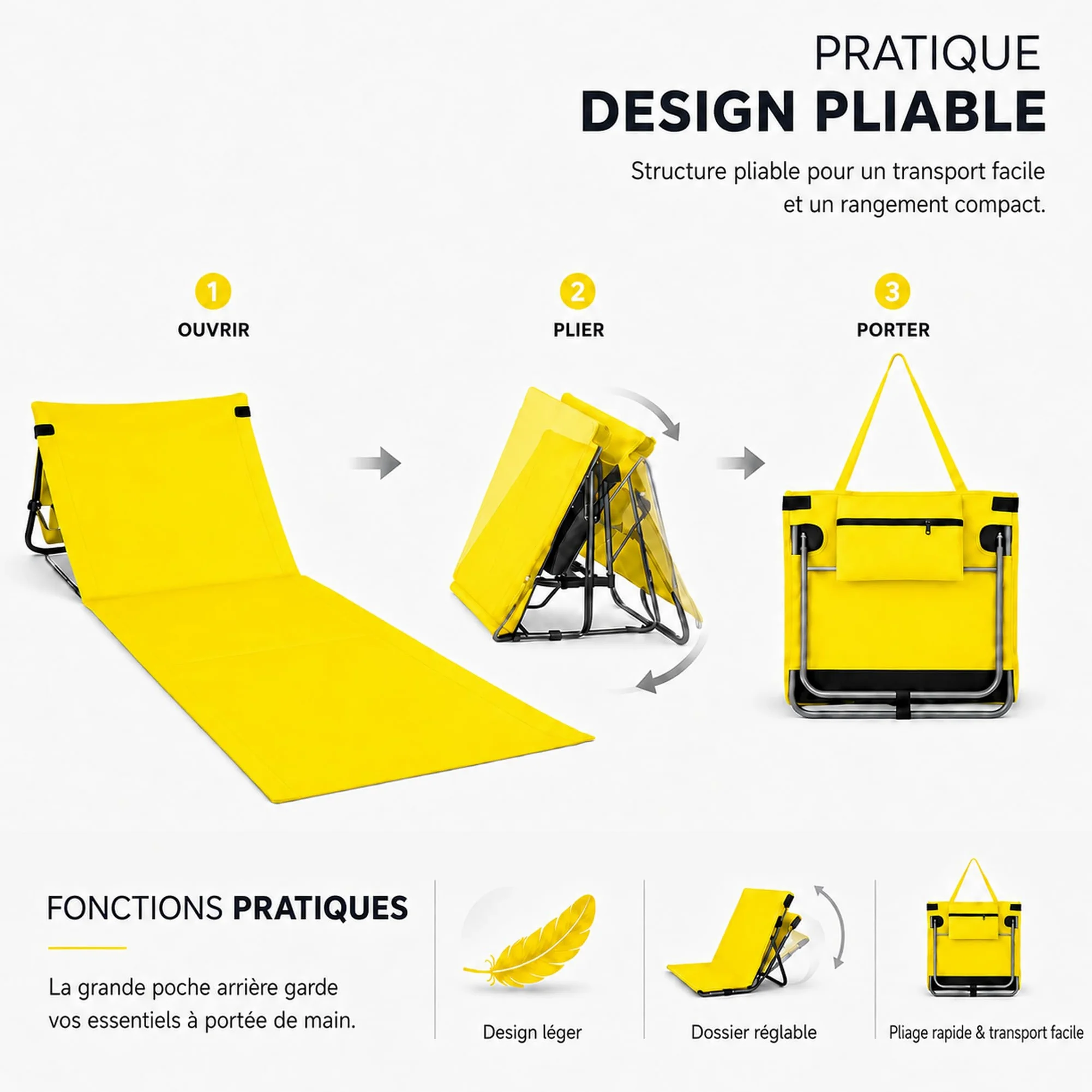 Drift Savage Lot de 2 chaises longues de plage pliables (Jaune soleil) | Matelas de plage légers et rembourrés avec dossier réglable, bandoulière et poche, pour camping, piscine et voyage