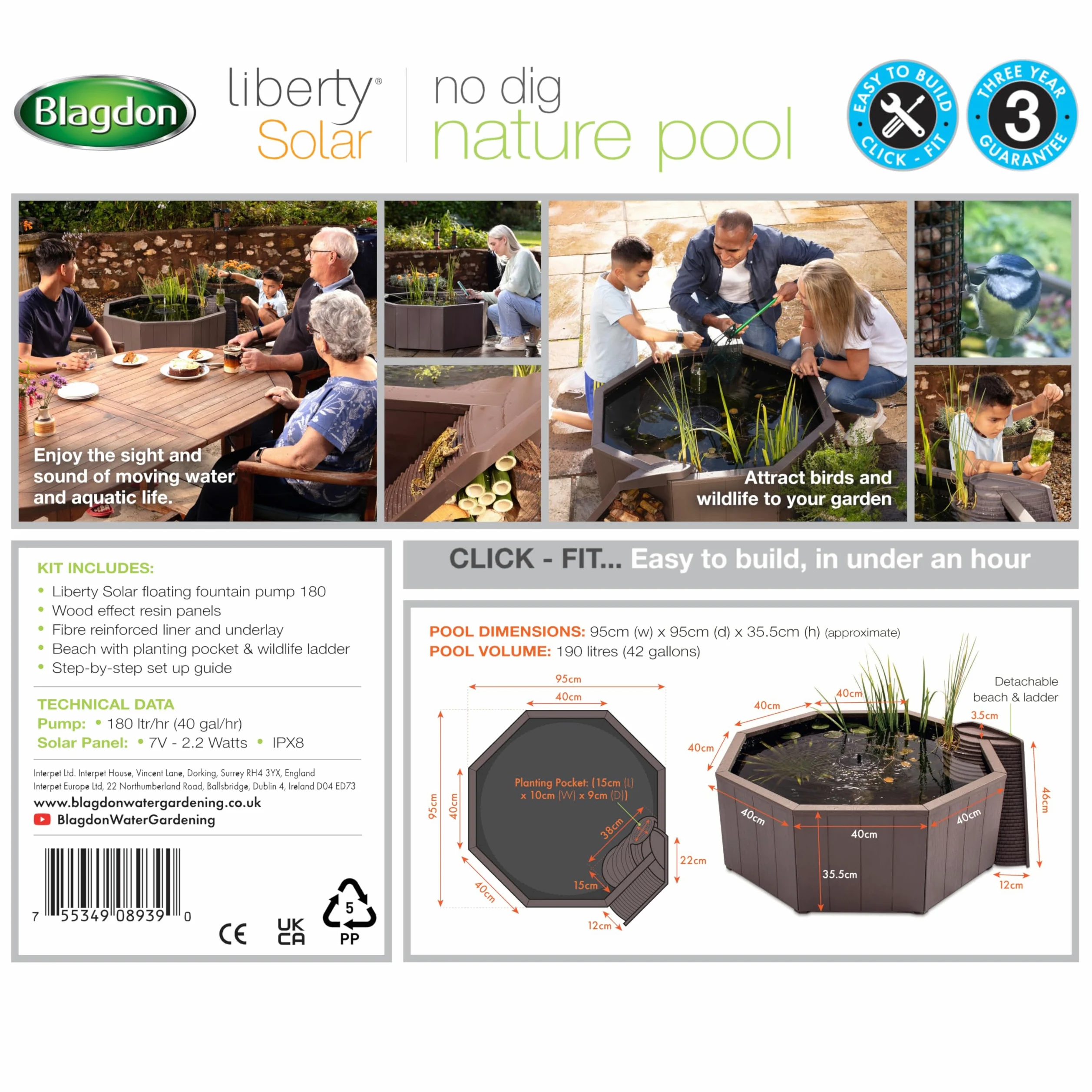 Blagdon Liberty No Dig Piscine Naturelle pour Jardin ou terrasse, Construction Facile, avec Pompe à Fontaine Solaire Flottante, Plate-Forme d'atterrissage pour Oiseaux, échelle d'accès à la Faune et
