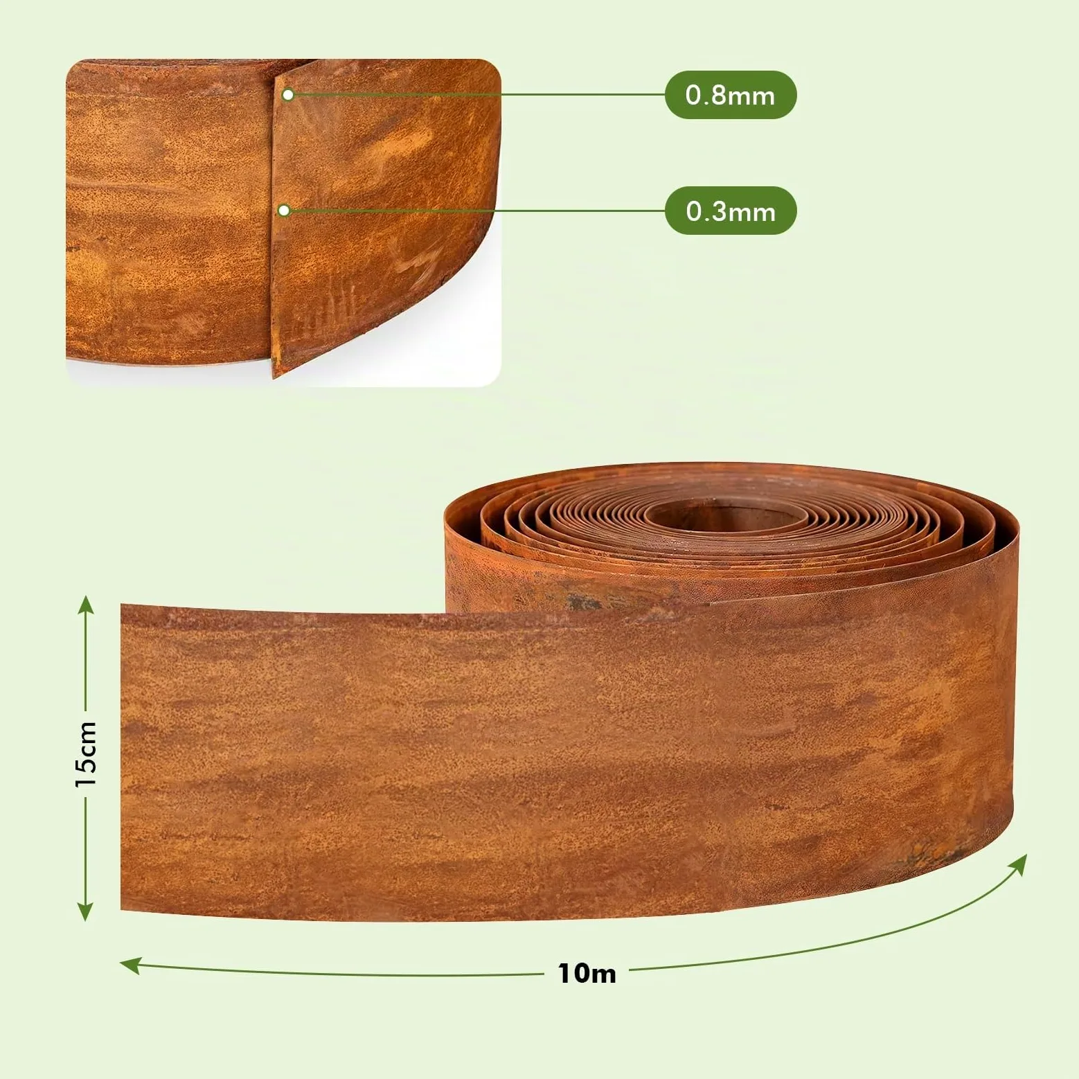 Bordure de pelouse en Acier Corten - 10 m de Long - en métal, 15 cm de Haut
