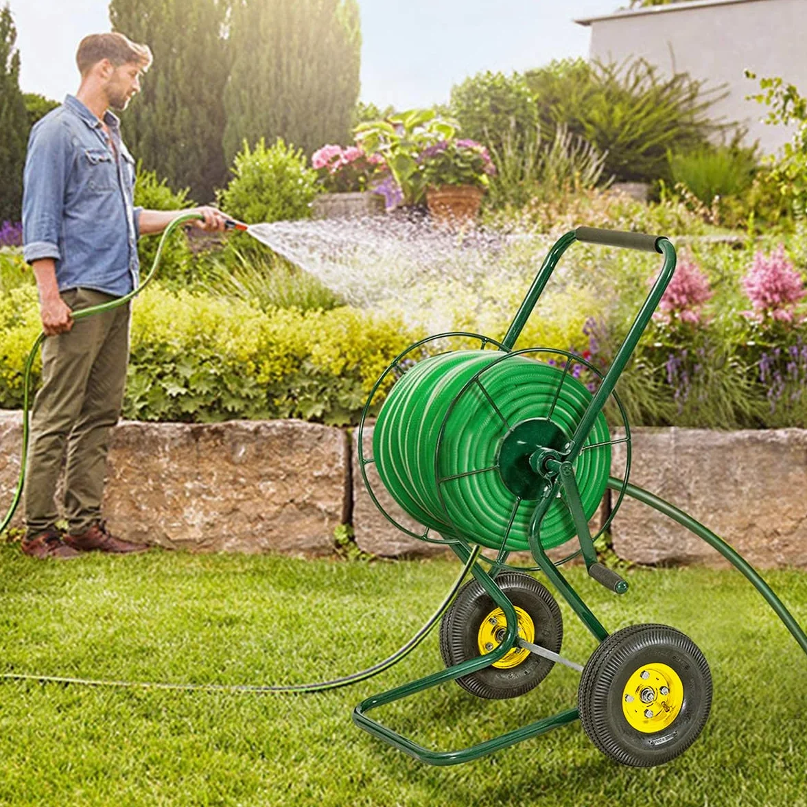 GOPLUS Chariot Enrouleur Tuyau d'Arrosage, Chariot Tuyau d'Arrosage avec 2 Roues, Cadre en Métal, Grande Capacité, Mécanisme de Manivelle, Support de Tuyau d'Arrosage pour Jardin, pour Jardinage