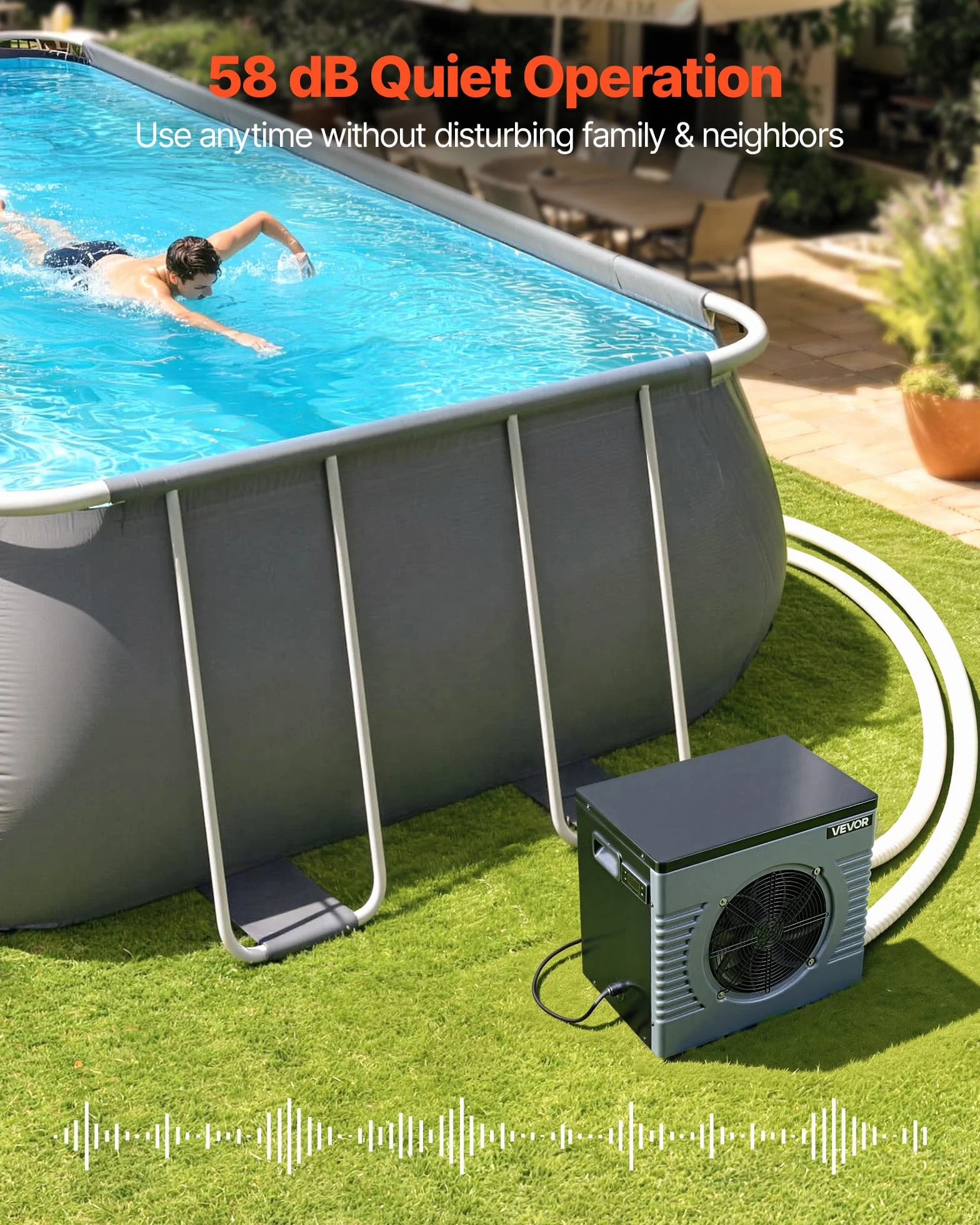VEVOR Pompe à Chaleur pour Piscine 4,92 kW Chauffage Électrique Hors Sol 18 m³ COP 5,29 Faible Niveau Sonore GFCI