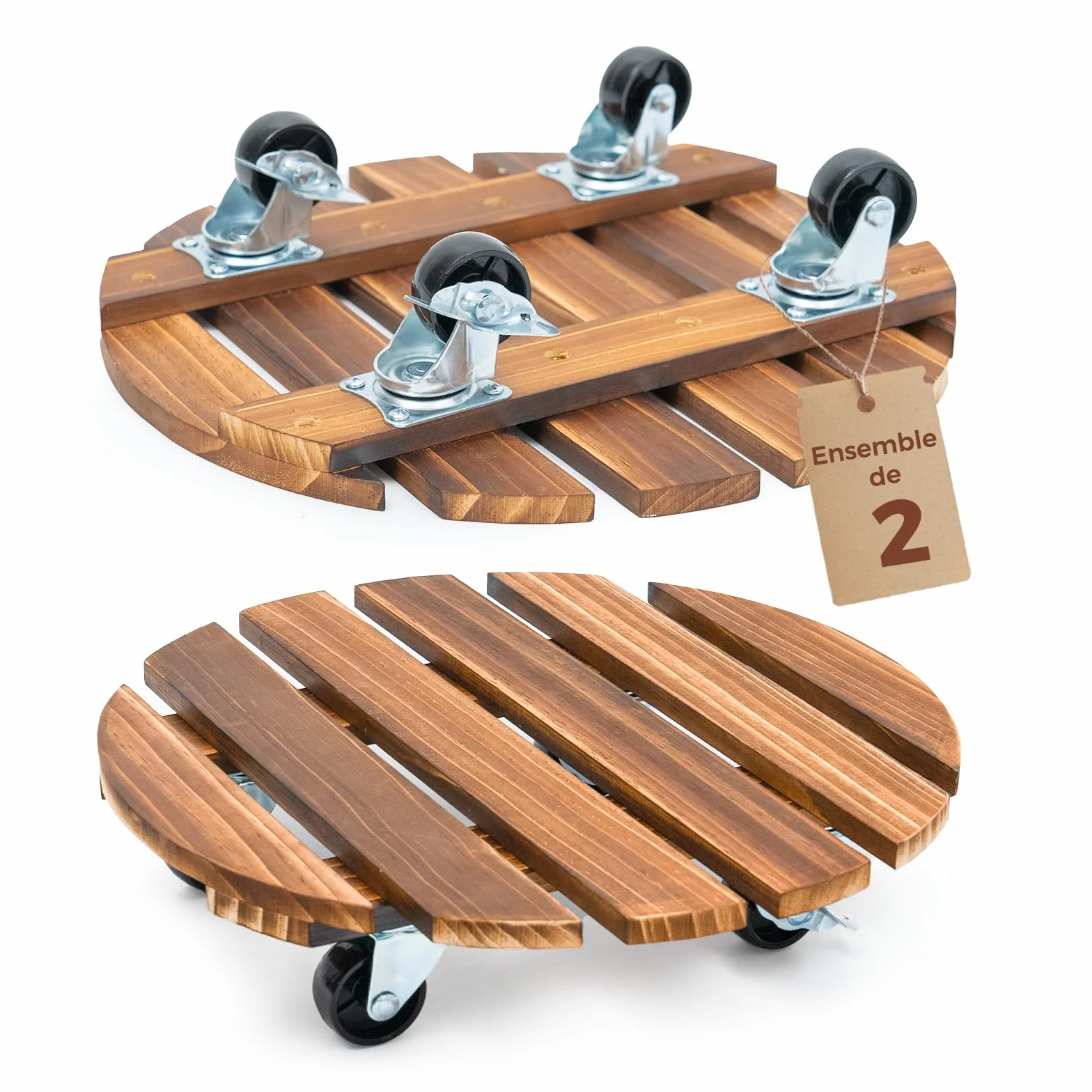 Bamworld Porte Plante à Roulettes, Lot de 2 Plateaux Roulants 30,5 cm, Capacité 100 KG, Marron Foncé