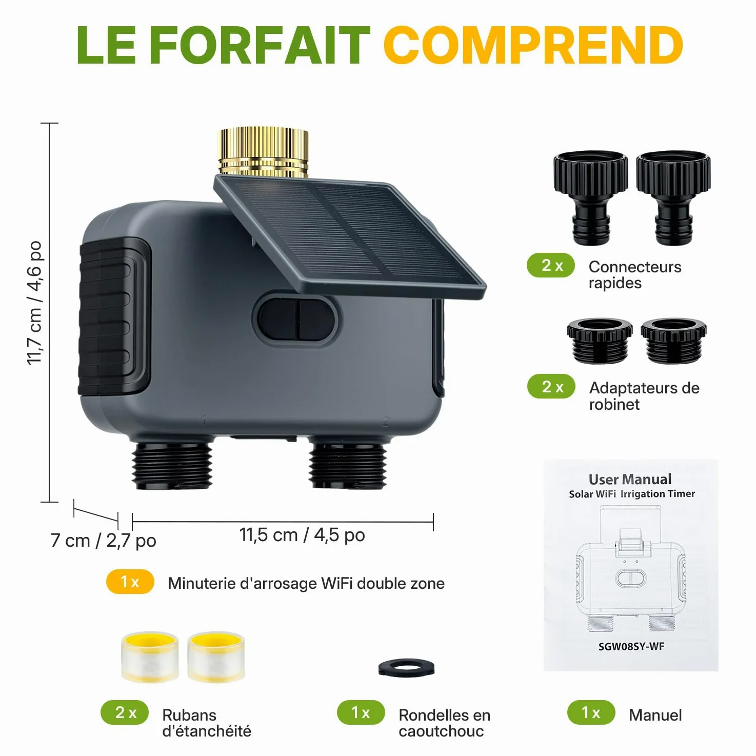 Mcbazel Programmateur d’Arrosage Automatique WiFi à 2 Sorties pour Jardin et Pelouse, avec Panneau Solaire Rechargeable, Conception Étanche IP55, Compatible Application Smart Life et Assistants Vocaux
