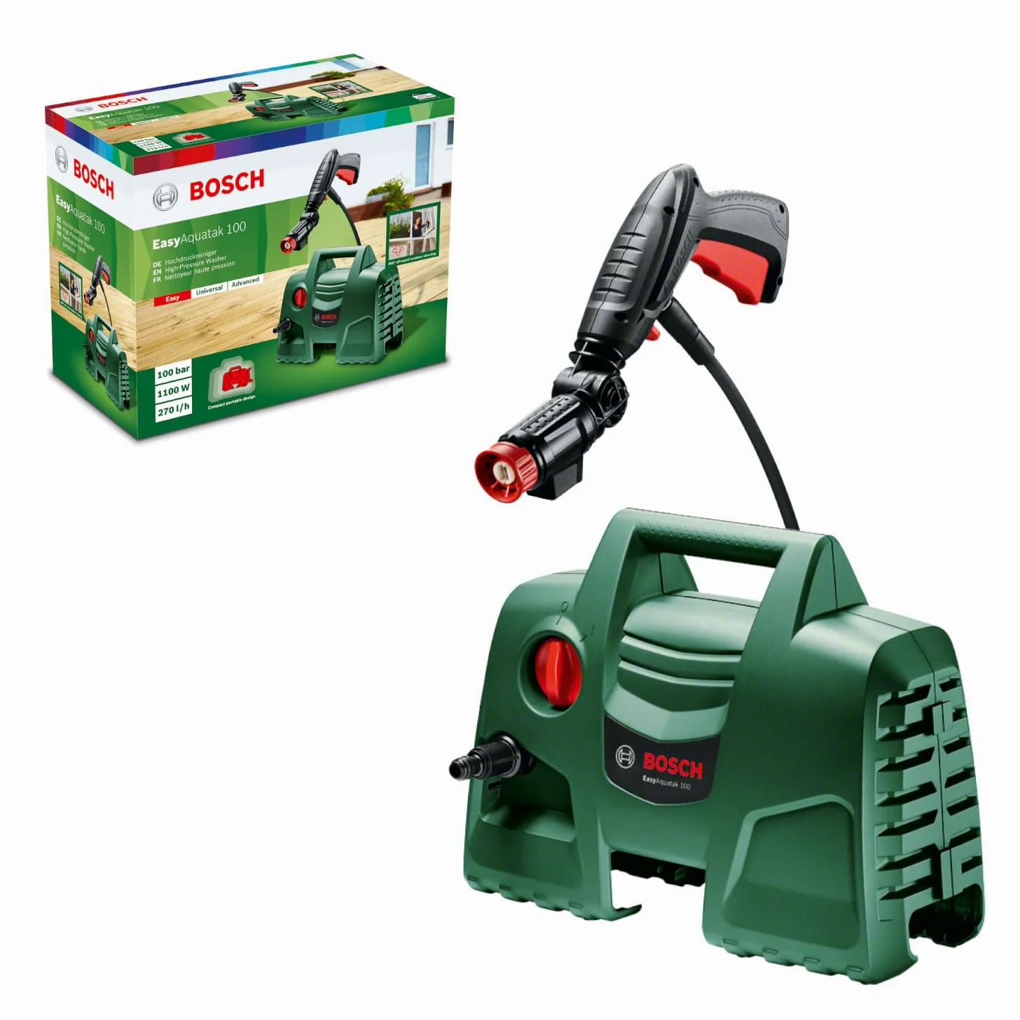 Bosch Nettoyeur Haute-Pression EasyAquatak 100 | Buse à 360° avec réservoir de détergent, câble de 5 m, tuyau de 3 m, carton, 1100 W, pression 100 bar, max. Débit : 270 l/h